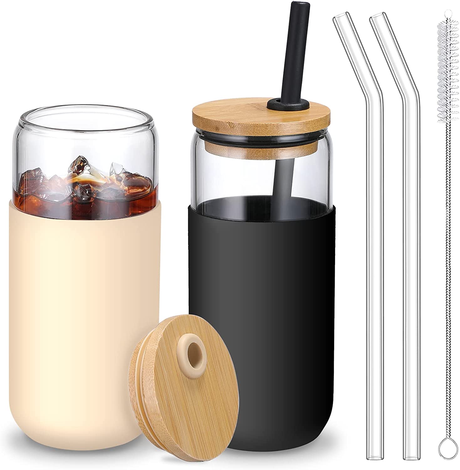 QWEZXO Glass Cups With Lids and Glass Straws，18 OZ High Borosilicate Glass  Tumbler Iced Coffee Water Smoothie 2 Pack