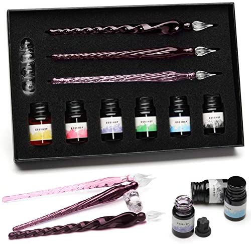 mancola Glass Dipped Pen Ink Set Handmade Crystal Calligraphy Pen with 12  Colorful india ink for Art, Signatures, Drawing, Decoration, Calligraphy