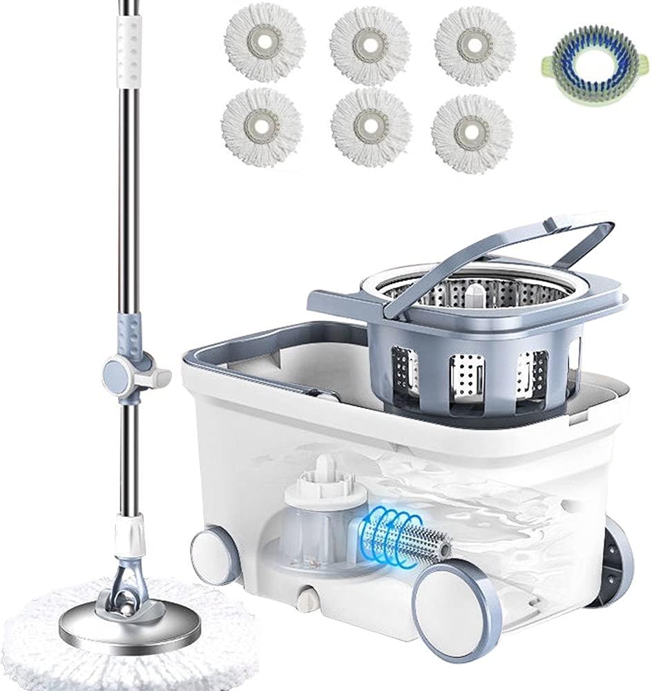 Floor Spin Mop and Bucket Set with Wringer System Extended Stainless Steel Handle 61for Home Floor Cleaning Use with 5 Replacement Head Refill and 1