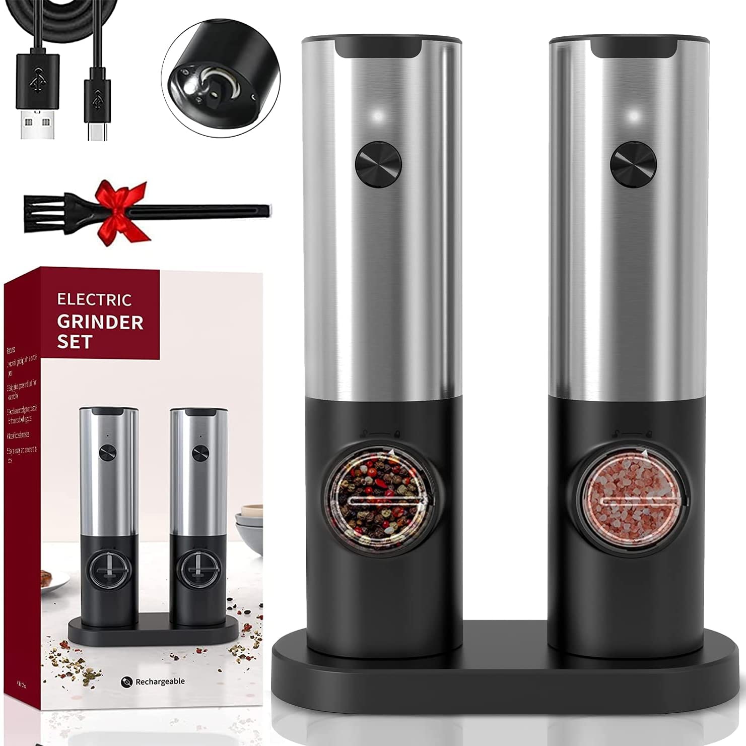 Upgraded 9oz XL Capacity Sangcon Gravity Electric Salt and Pepper Grinder  Set Shakers Battery Powered Refillable Automatic One Hand Operation