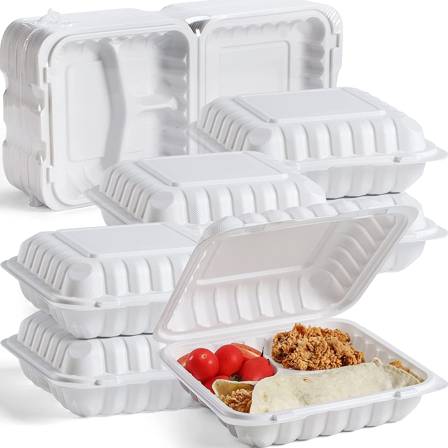 HeloGreen Eco Friendly 3 Compartment 100 Count 8x8 To Go Food Containers  - To Go Containers Disposable, Take Out Food Containers, To Go Boxes for