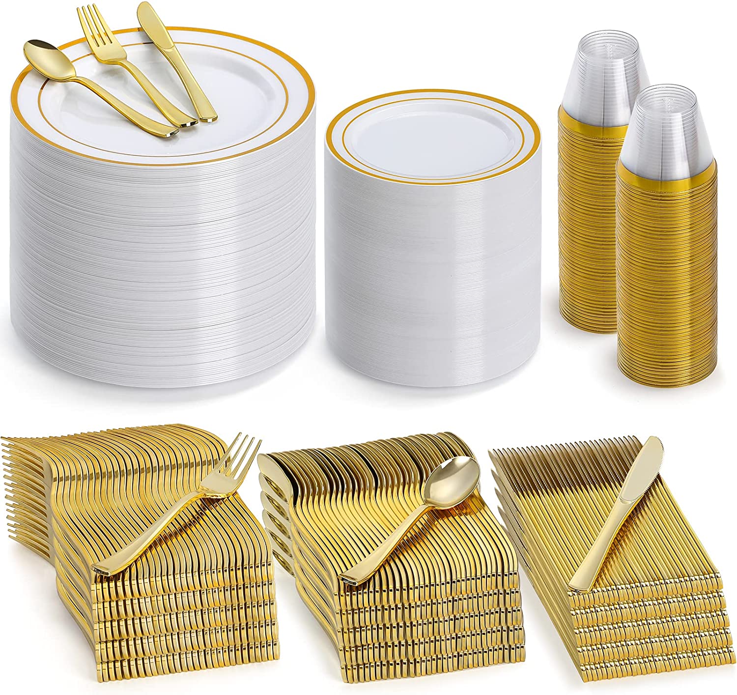 350 Piece M MCIRCO Gold Dinnerware Set - 100 Gold Rim Plastic Plates - 50  Gold Plastic Silverware - 50 Gold Plastic Cups - 50