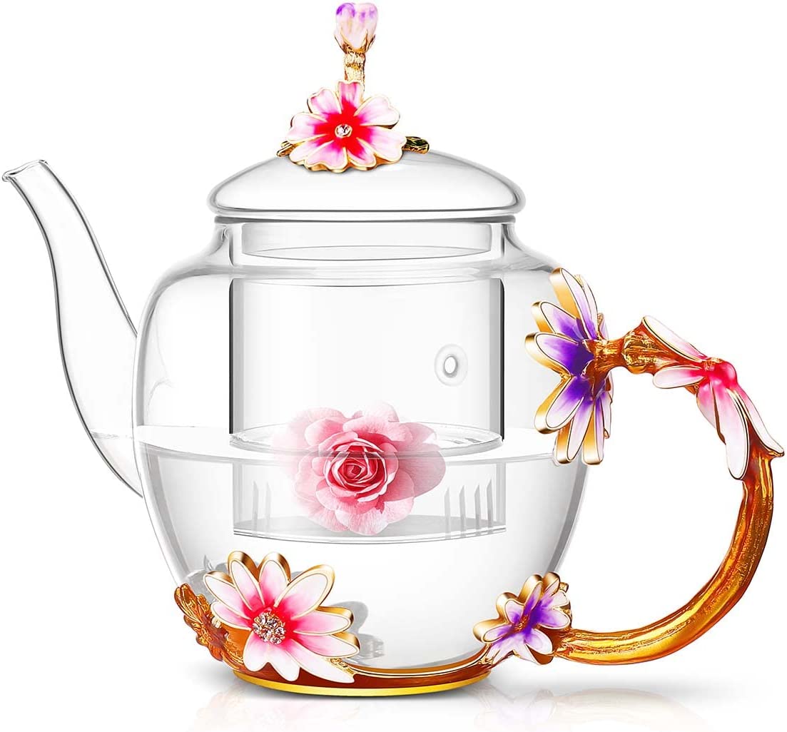 Hiceeden 2.5L Enamel Tea Pot for Stovetop, Pink Vintage Tea Kettle with  Floral Pattern, Delicate Cute Steel Water Kettle Pot with Porcelain Handle