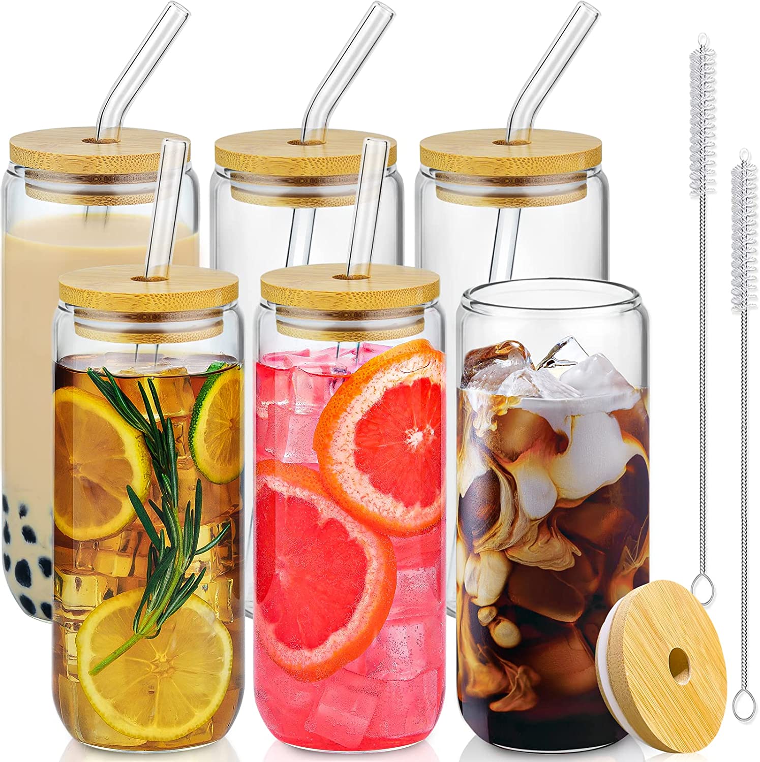 12pcs Glass Cups with Bamboo Lids and Glass Straws Set