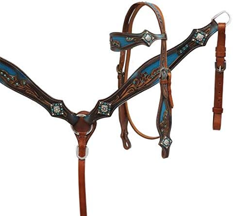 Western Horse Leather Tack Set w/ Crystal Rhinestones Bridle + 2024 Breast Collar