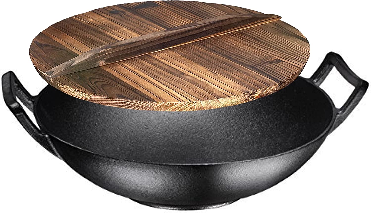 Klee Pre-Seasoned Cast Iron Wok with 2 Handles and Wooden Wok Lid 14-inch