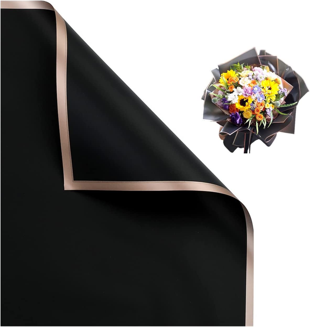 Gold Edge Flower Wrapping Paper Dark Black 22.8x22.8 Inch Waterproof 20  Pack 