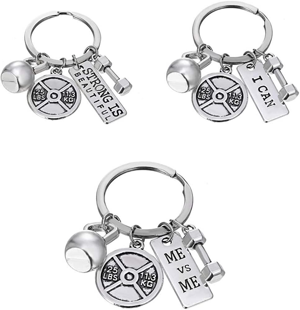 Yinkin 6 Pieces Fitness Gym Charm Keychains Stainless Steel Fitness Gifts  with Quotes Dumbbell Personal Trainer
