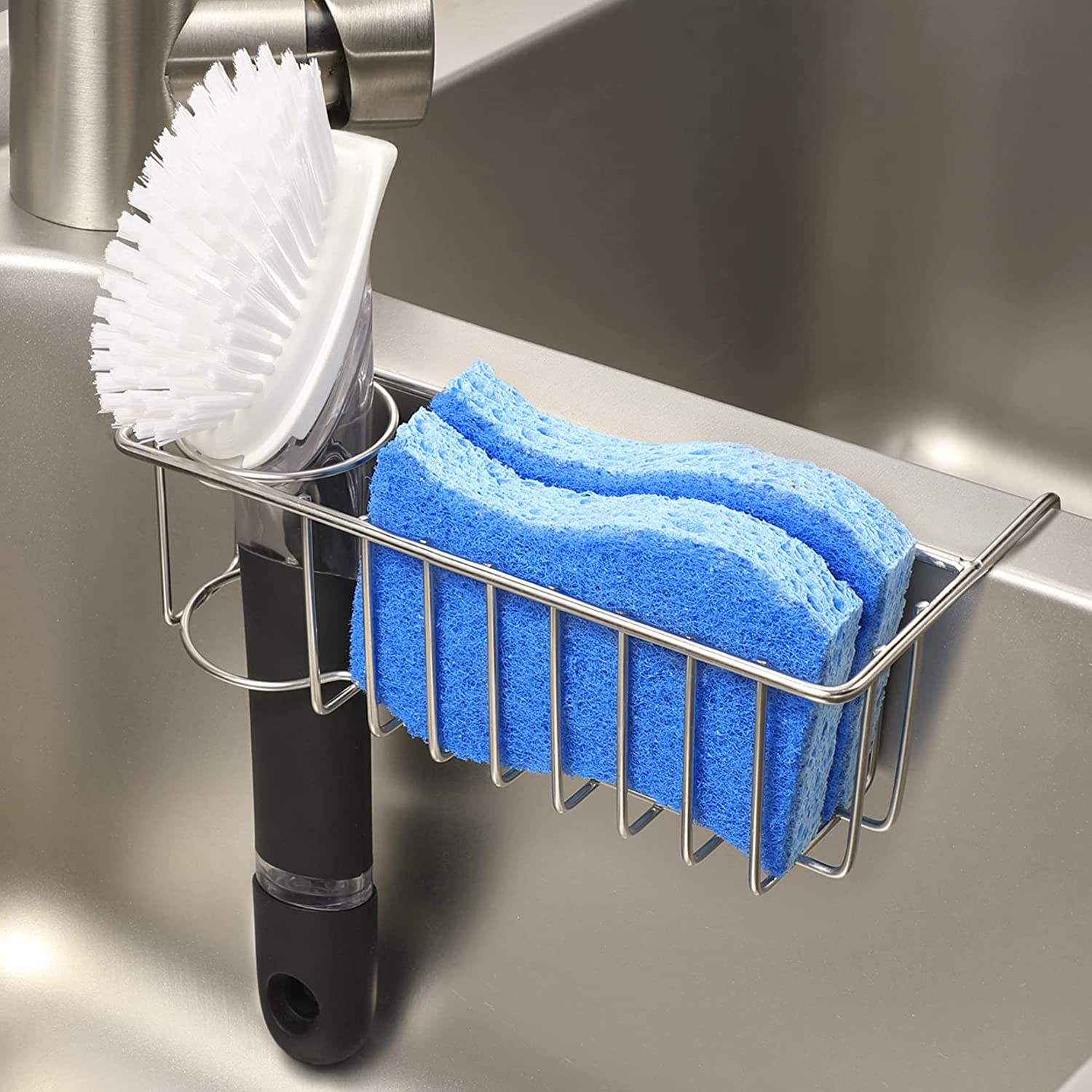 Sink Caddy, Consumest Kitchen Sponge Holder + Dish Brush Holder for Kitchen  Sink, Sink Organizer with Drip Tray for Countertop, Stainless Steel  Rustproof - Silver 
