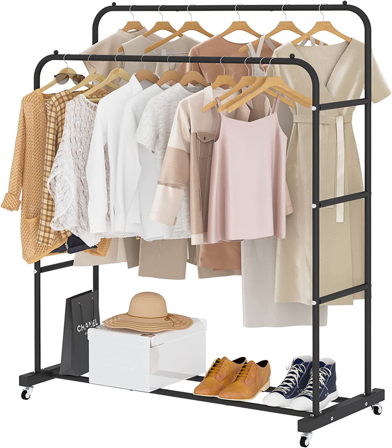  JIUYOTREE Metal Clothing Rack, 43.3 Inches Garment Rack with  Bottom Shelf for Hanging Clothes, Coats, Skirts, Shirts, Sweaters, Black :  Home & Kitchen