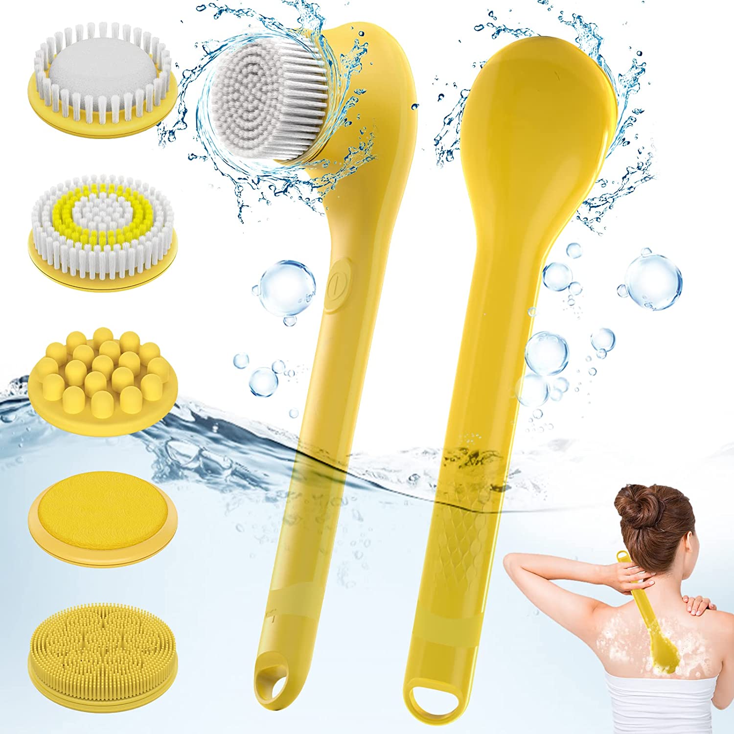 SoulBay Electric Body Brush with 5 Attachments: Rechargeable Back Brush  IPX7 Long Handle Exfoliating Spin Scrubber for Shower Bathing Cleansing  Wash Deep Cleaning