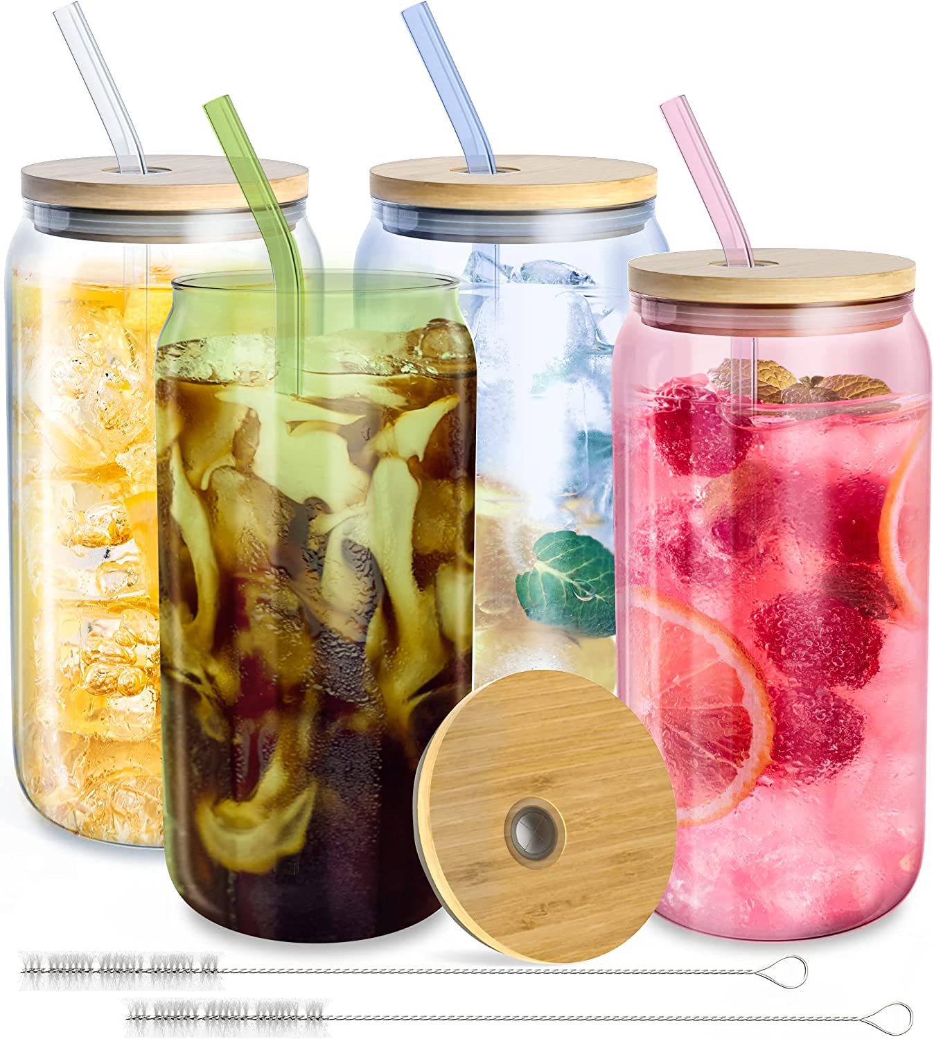  HOMBERKING Glass Cups with Bamboo Lids and Straws 4pcs