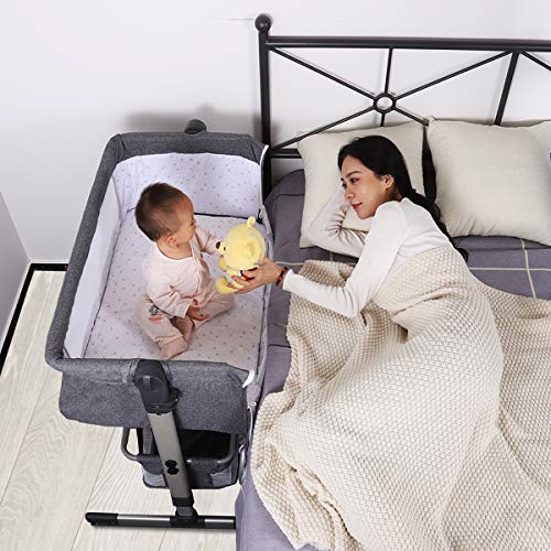 Hicrifth Portable Travel Baby Crib with Breathable Mesh Window and 4 Adjustable Height for Infant/Newborn Dark Gray Folding Baby Bedside Sleeper 