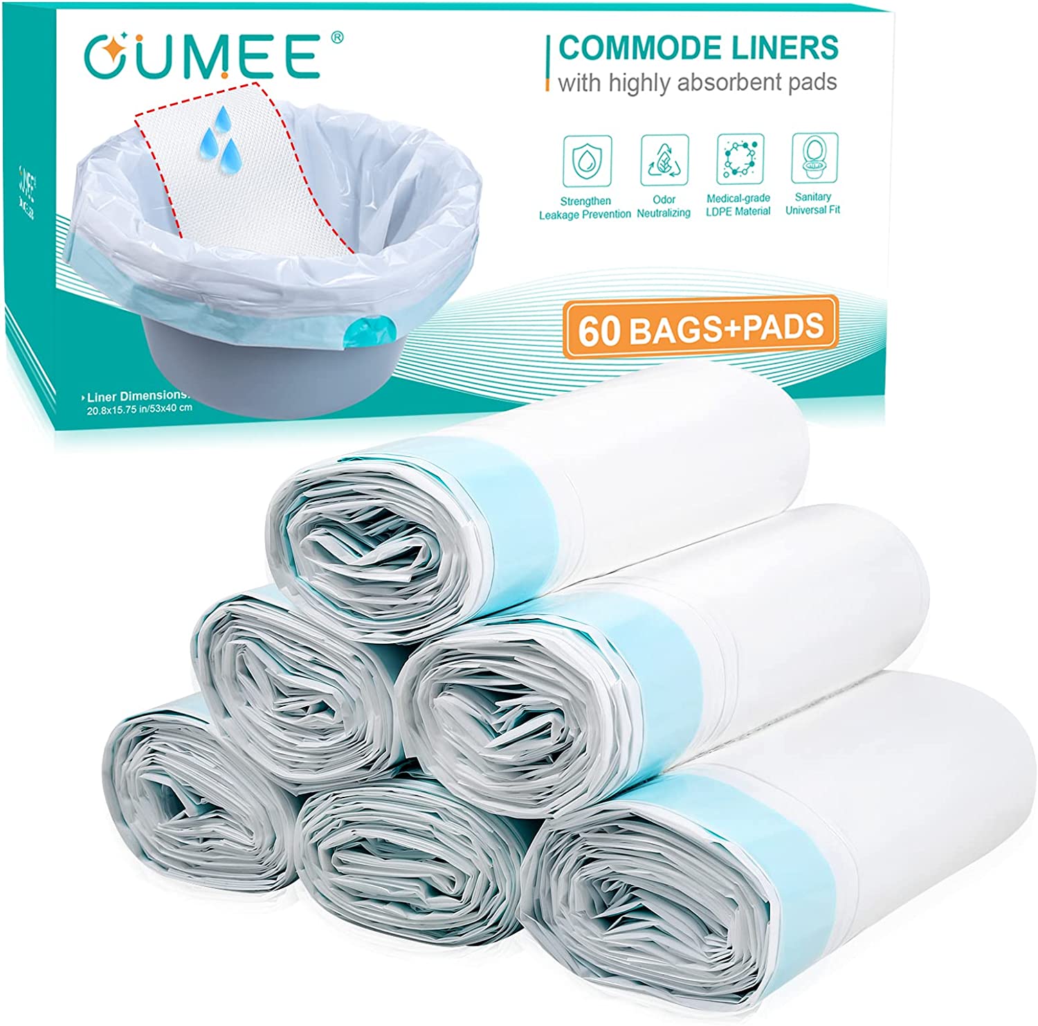Lunderg Commode Liners with Lemon Scented Absorbent Pads - Value Pack  Medical Grade 50 Count Universal Fit - Disposable Bedside Commode Liners  and Pads for Adult Commode Chairs & Portable Toilets 