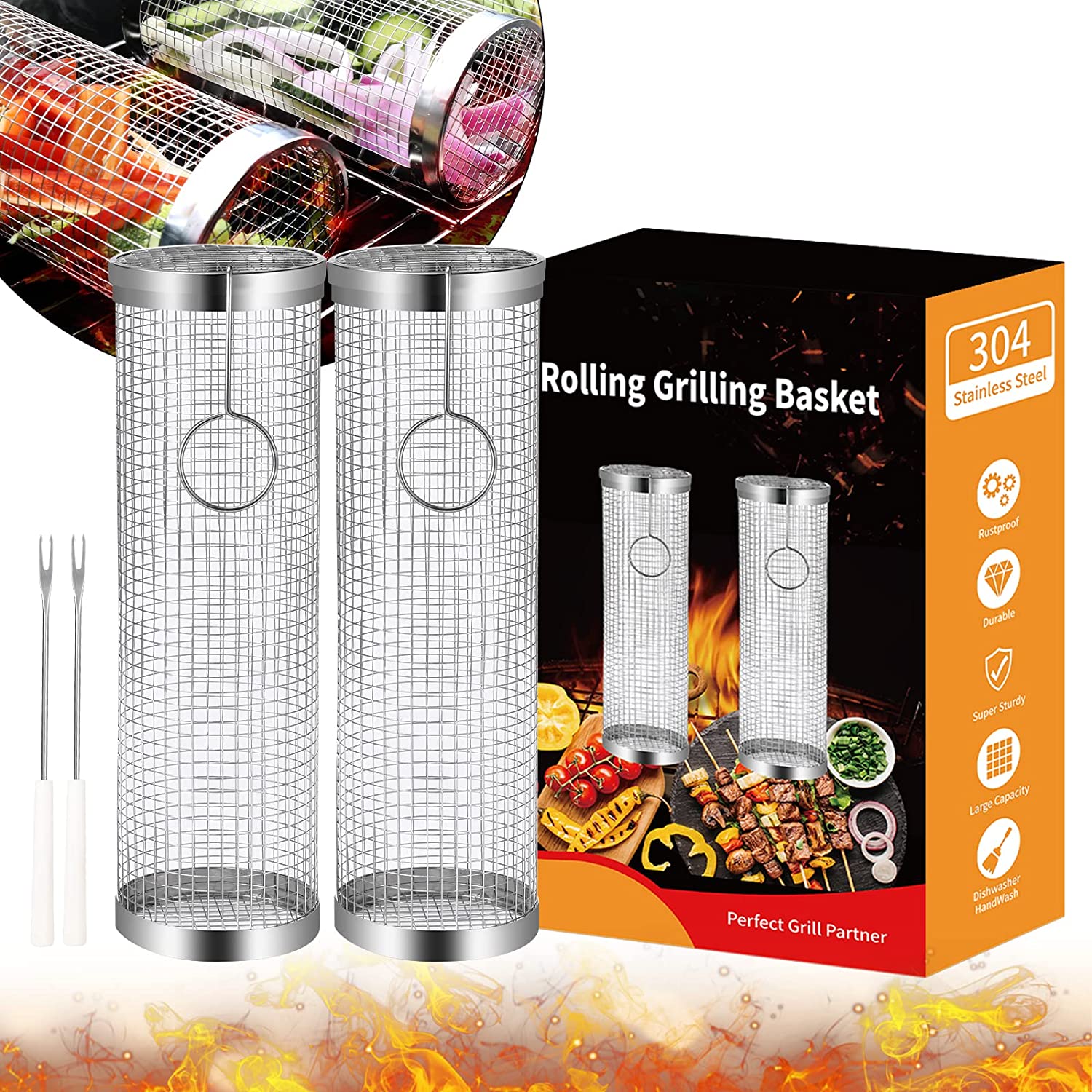 Grill Accessories, Rolling BBQ Basket, Grilling Tube for Veggies, Meats,  Fish. Stainless Steel. Holiday Gift in Stock, USA Shipping 