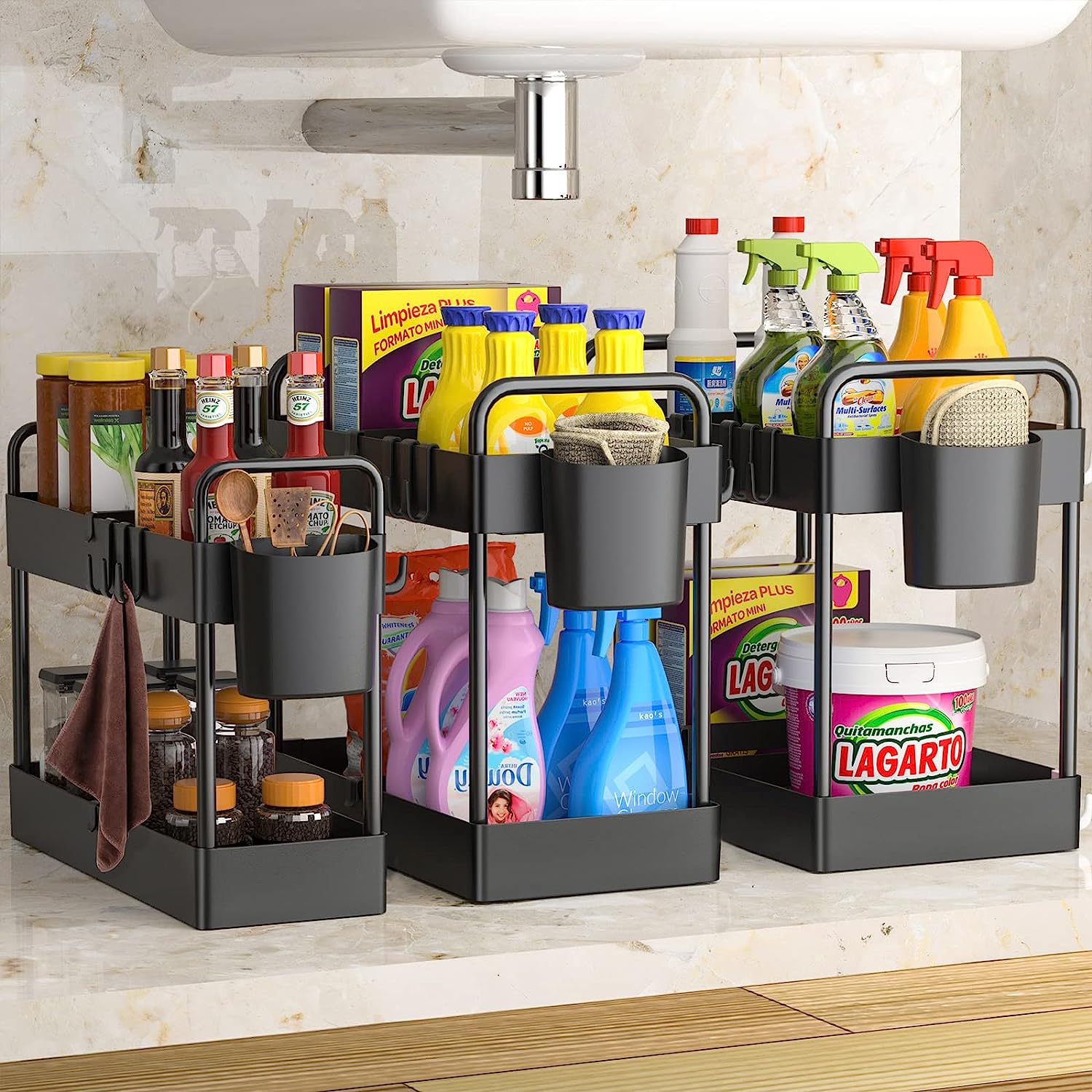 Under Sink Organizer, REALINN 2-Tier Pull Out Cabinet Organizer Under  Kitchen Sink Organizer, Under Cabinet Storage Multi-Use for Bathroom  Laundry Kitchen