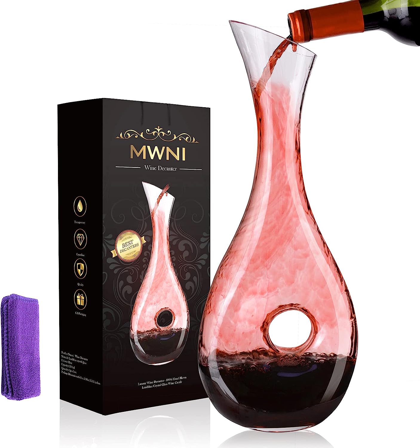 Wine Decanter,Red Wine Carafe,Wine Aerator,100% Hand Blown Lead-free Crystal  Glass with Cleaning Beads,Wine Decanters and Carafes,Wine Gift with Luxury  Packaging,Wine Accessories (1200ML) 