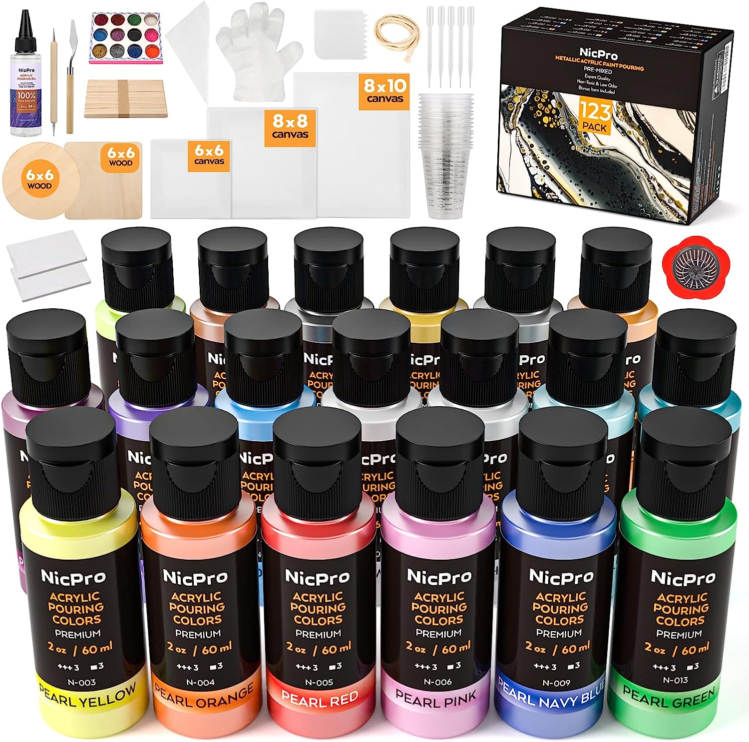 Acrylic Pouring Paint of 36 Bottles (2 oz/60ml) ,32 Assorted Colors Set to  Pre-Mixed High Flow Acrylic Paint Pouring Supplies for Canvas Glass Paper  Wood Tile and Stones, Complete Paint Pouring Kit