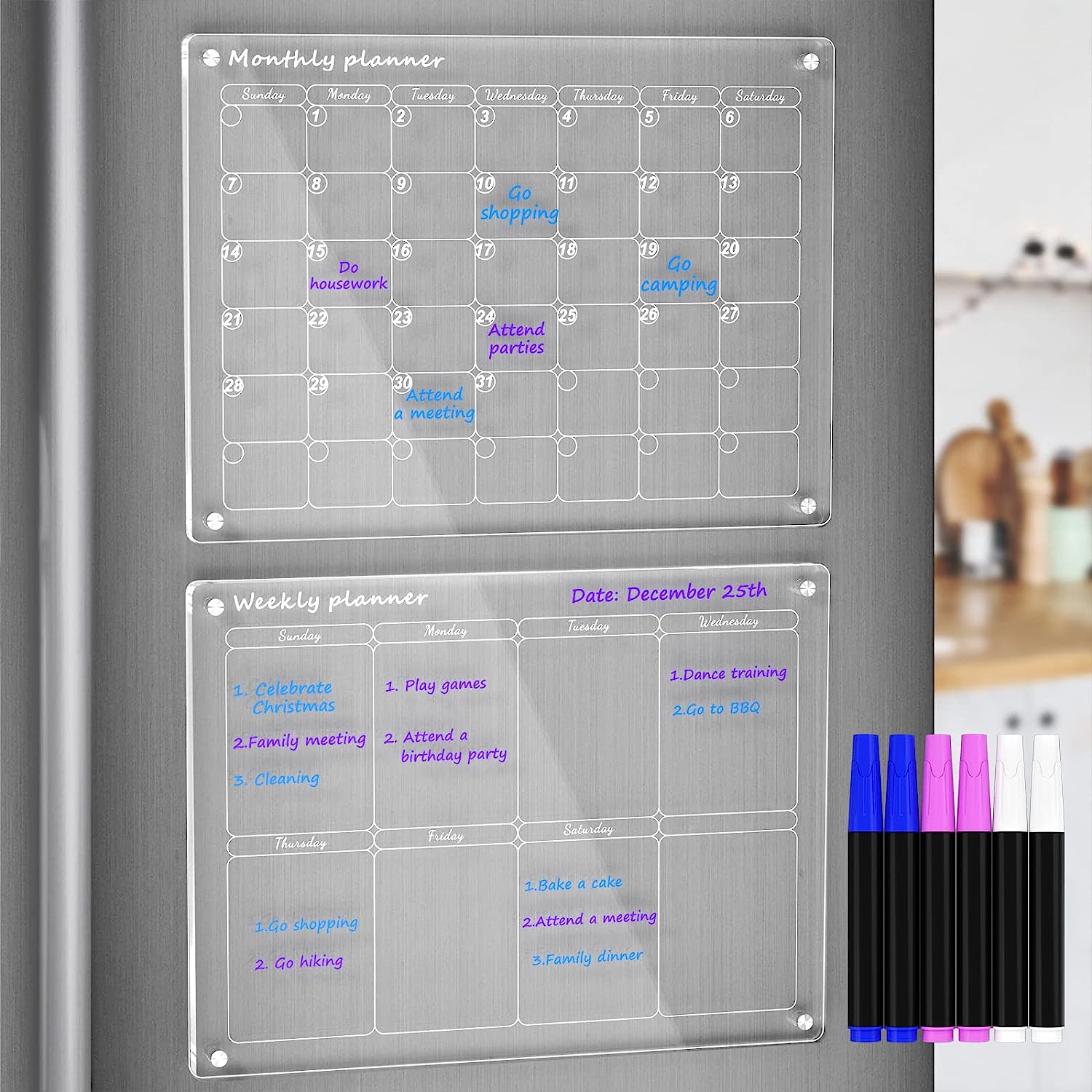Filled Home - Magnetic Acrylic Calendar for Fridge Includes 4 Dry Erase  Markers - 12in x 16in