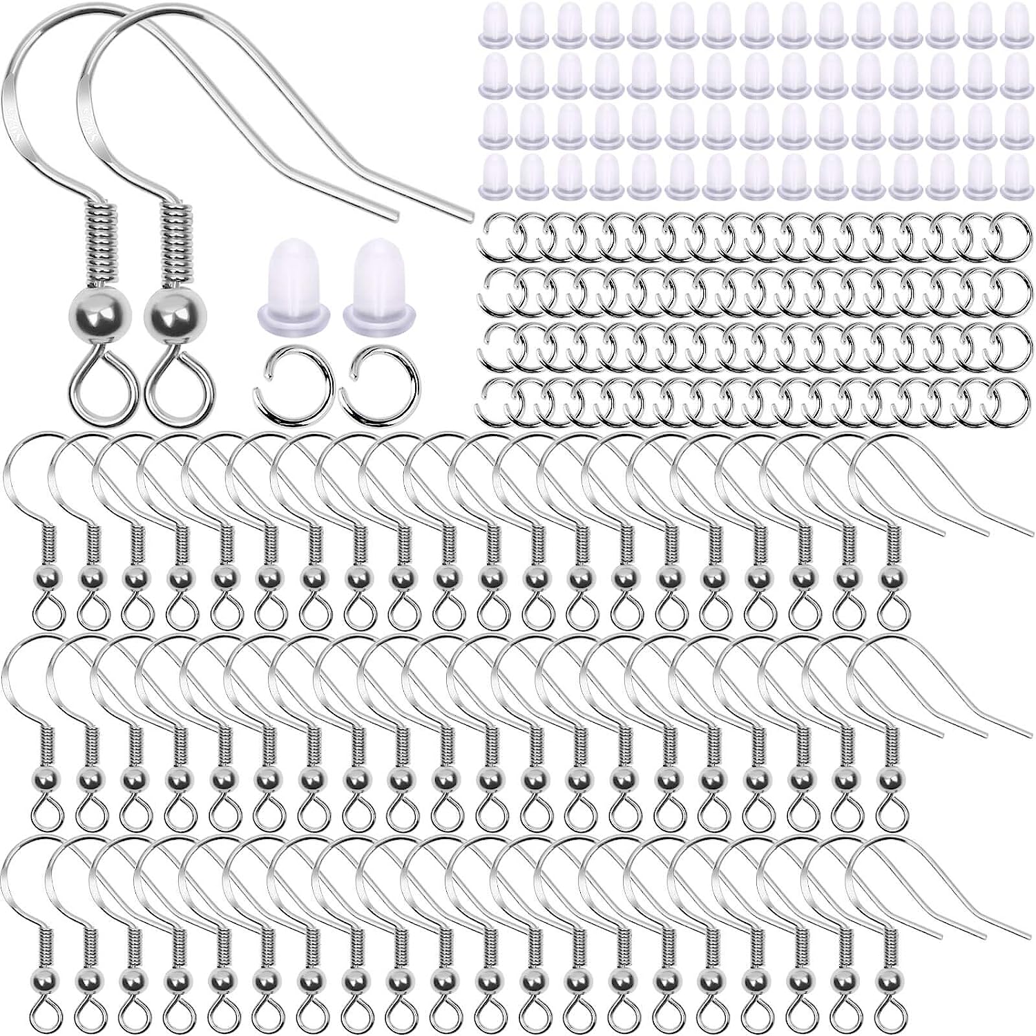 150pcs 925 Silver Plated Earring Hooks, Ear Wires Fish Hooks Earring Making  Supplies With Jump Rings And Clear Silicone Backs For Sensitive Ears