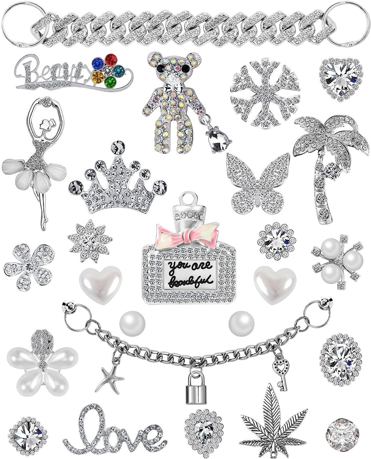 Bling Chain Charms for Clog Shoes Decoration, Luxury Rhinestone Cute Diamond Bear Love Flower Butterfly Crown Designer Jewelry Shoe Accessories for