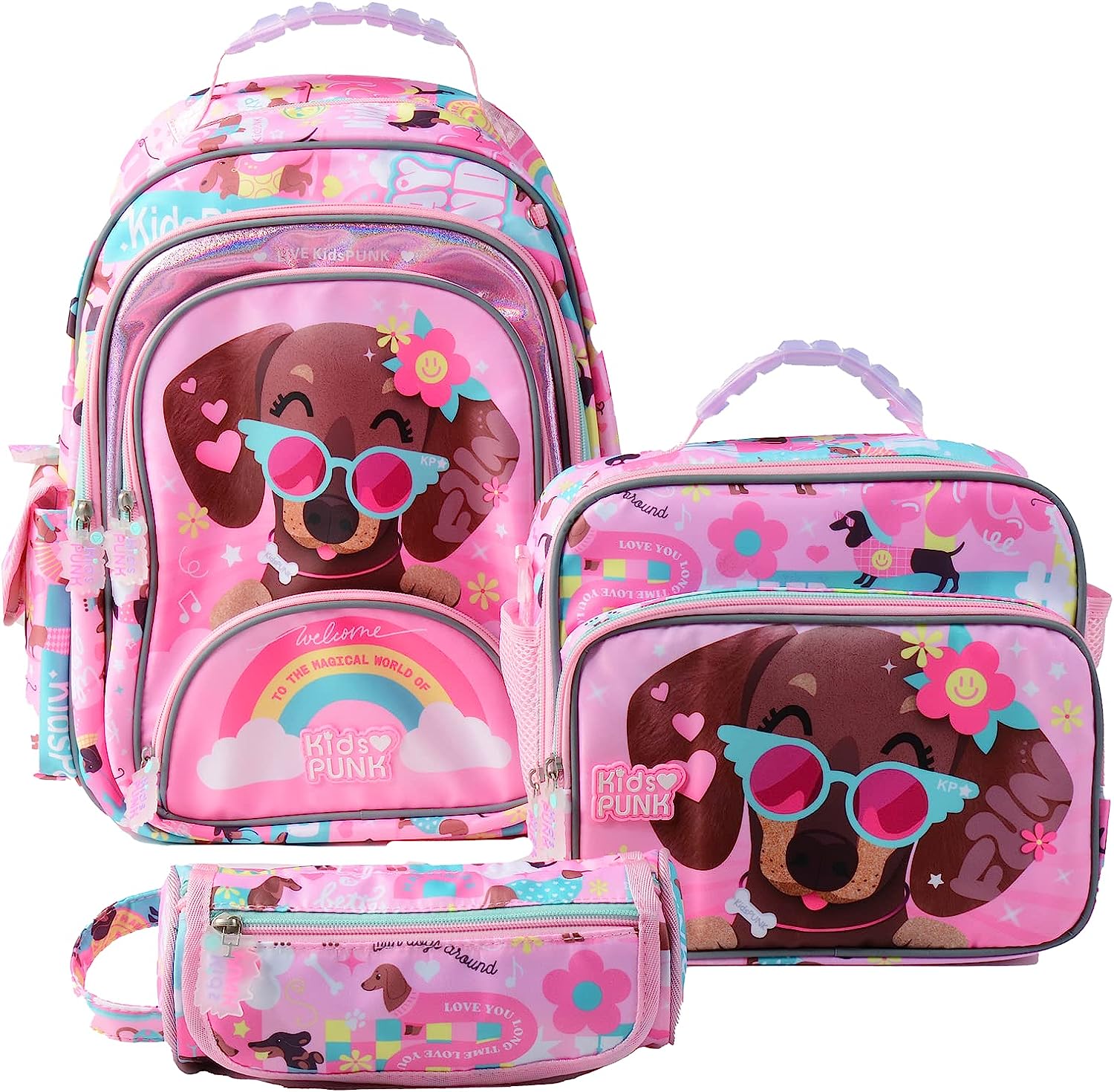 Renewold 3 Pack Toddler Backpack Pomeranian School Bag Lunch Box for Kids Girls Elementary Middle Dog Bookbag with Pencil Case Cute Bagpack Set