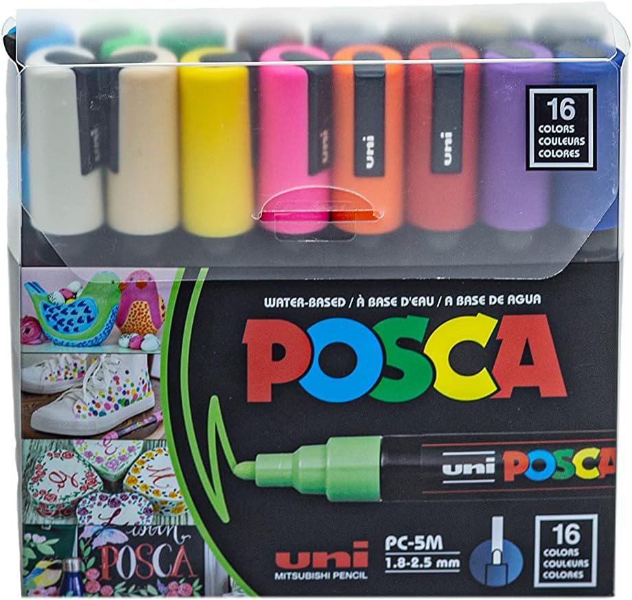 POSCA Mixed Marker Pack - 7 Paint Markers In Various Sizes - Brush, 1MR,  1M, 3M, 5M, 8K, 17K (Black)