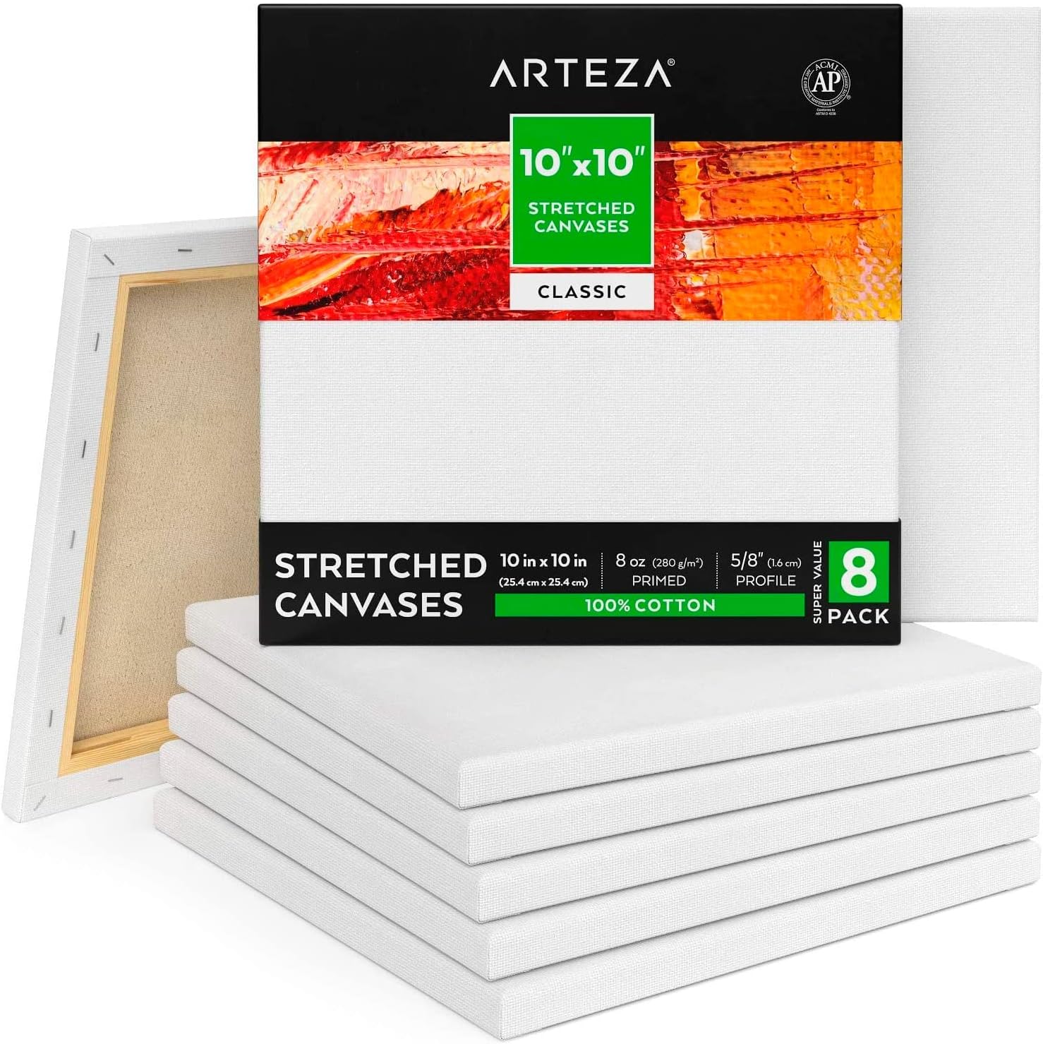  PHOENIX Stretched Canvas for Painting 8x8 Inch/7 Value Pack, 8  Oz Triple Primed 5/8 Inch Profile 100% Cotton White Blank Canvas, Square  Framed Canvas for Oil Acrylic & Pouring Art