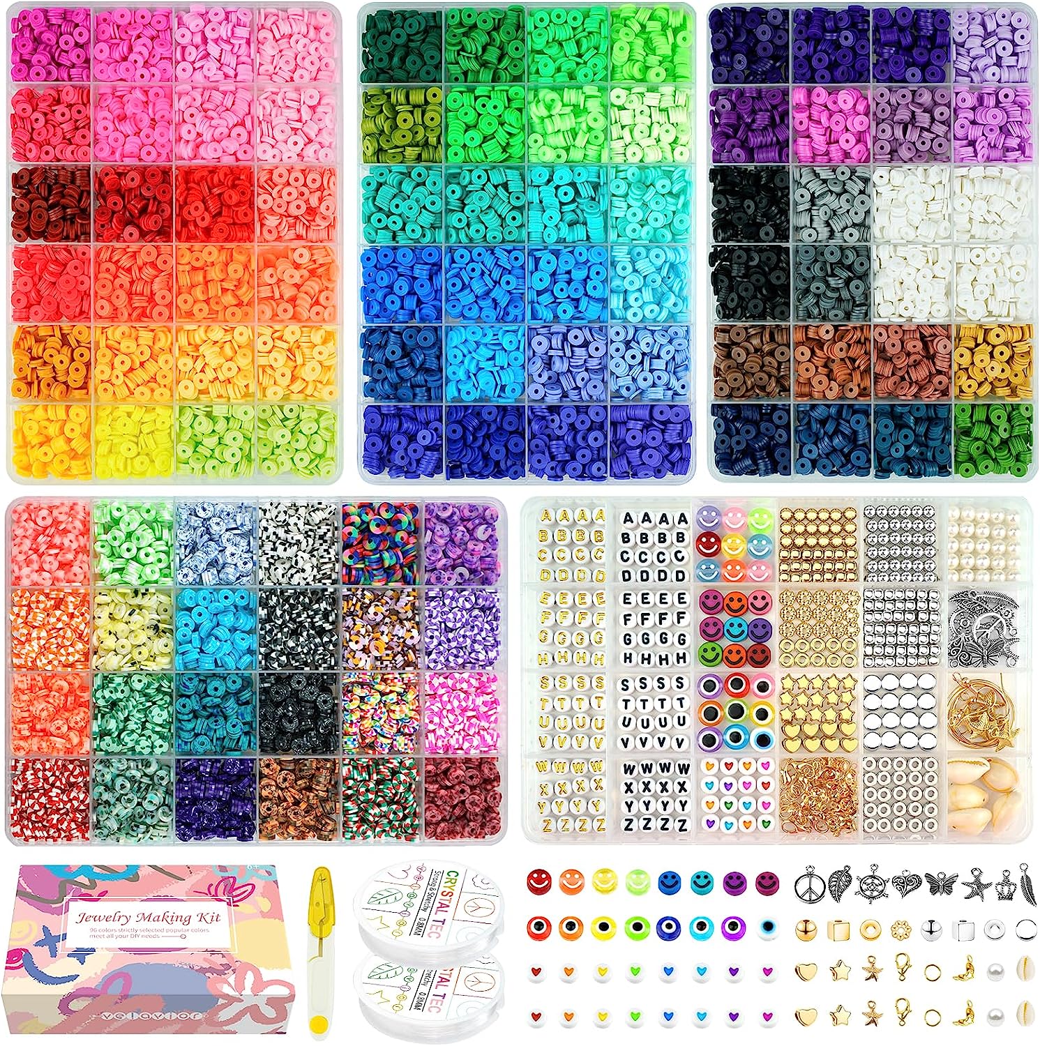 Redtwo 19,000pcs Clay Beads Bracelet Making Kit 120 Colors, 6 Boxes Flat  Preppy Heishi Beads with Charms for Friendship Jewelry Making Kit, Craft