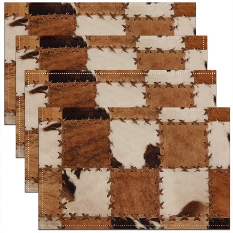  jejeloiu Cow Fur Placemats Set of 4, Cowhide Place Mats 12x18  Inch for Dining Table Decorations, Rustic Western Farmhosue White Brown  Table Mats for Kitchen Decor Dinner Indoor : Home 
