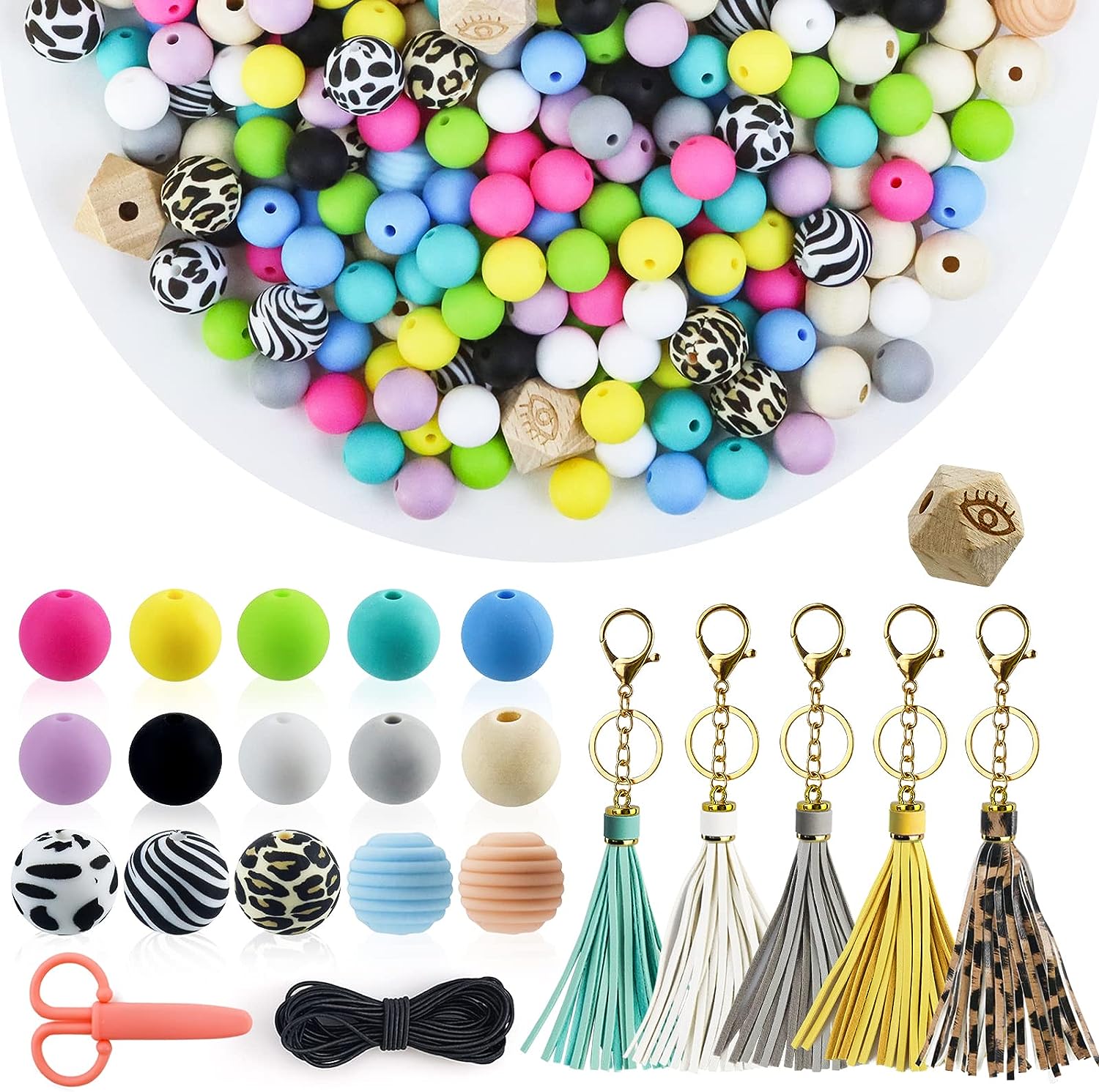 TXIN 53 Pcs Silicone Beads for Keychain Making Kit, 15mm Rubber Beads Set  with Tassel and String, Colorful Loose Spacer Beads, DIY Jewelry Craft  Beads