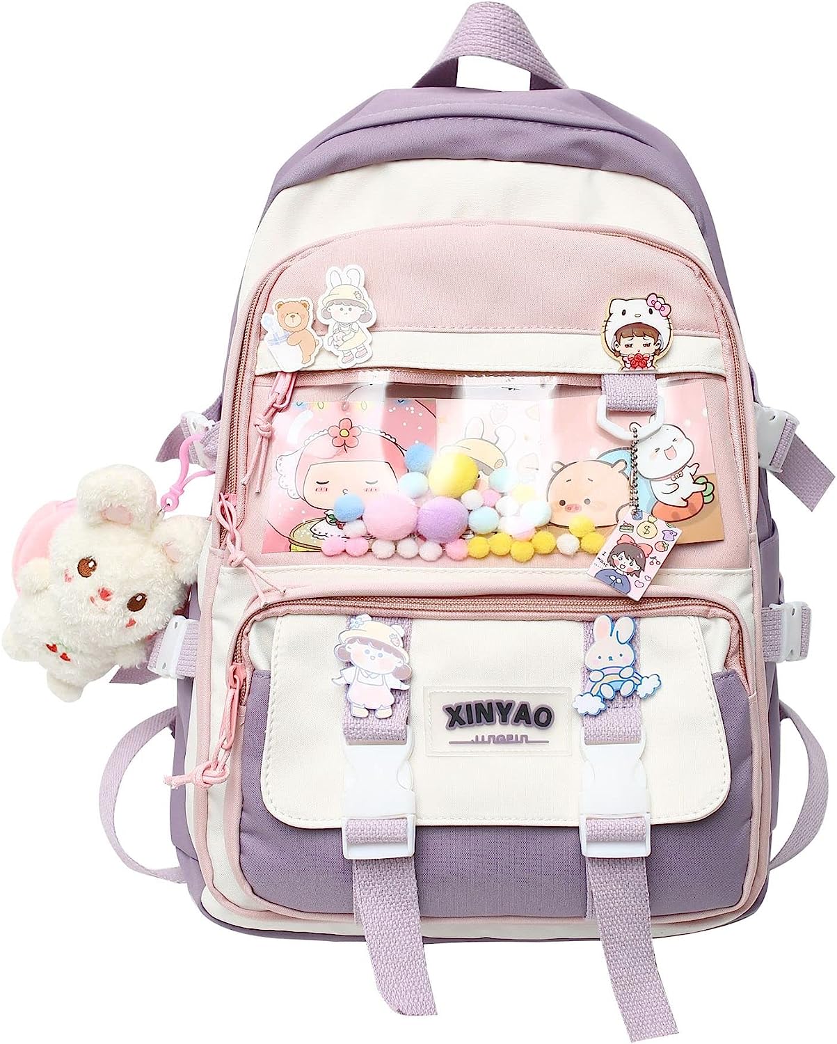 Kawaii Panda Backpack with Pins and Plush Bunny Pendant Cute Japanese  School Bags Kawaii School Supplies Preppy Backpack (Black)