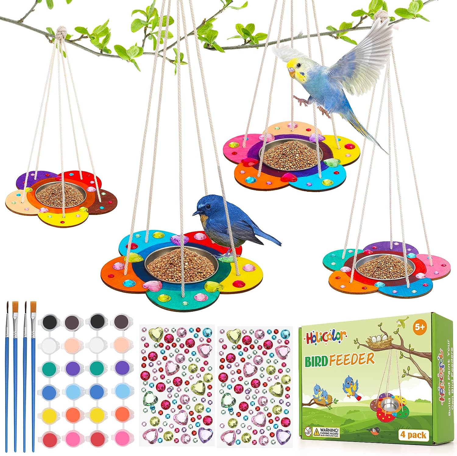 4 Pack DIY Bird House Wind Chime Kits for Children to Build and Paint,  Wooden Arts and Crafts for Kids Girls Boys Toddlers Ages 8-12 4-6 6-8, Paint  Kit Includes Paints & Brushes 