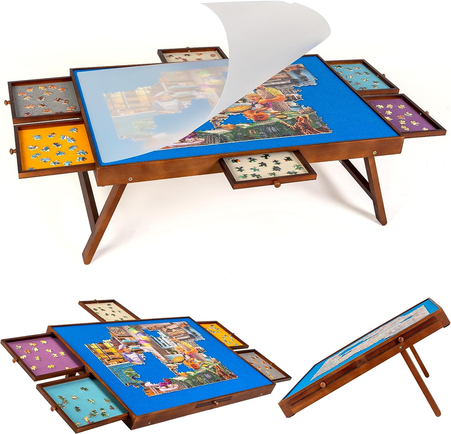 WOOD CITY Puzzle Board, 1000 Piece Wooden Jigsaw Puzzle Board with Drawers,  29” x 22” Portable Puzzle Table with Covers and Lazy Susan, Rotating Jigsaw  Puzzle Table for Kids and Adults 