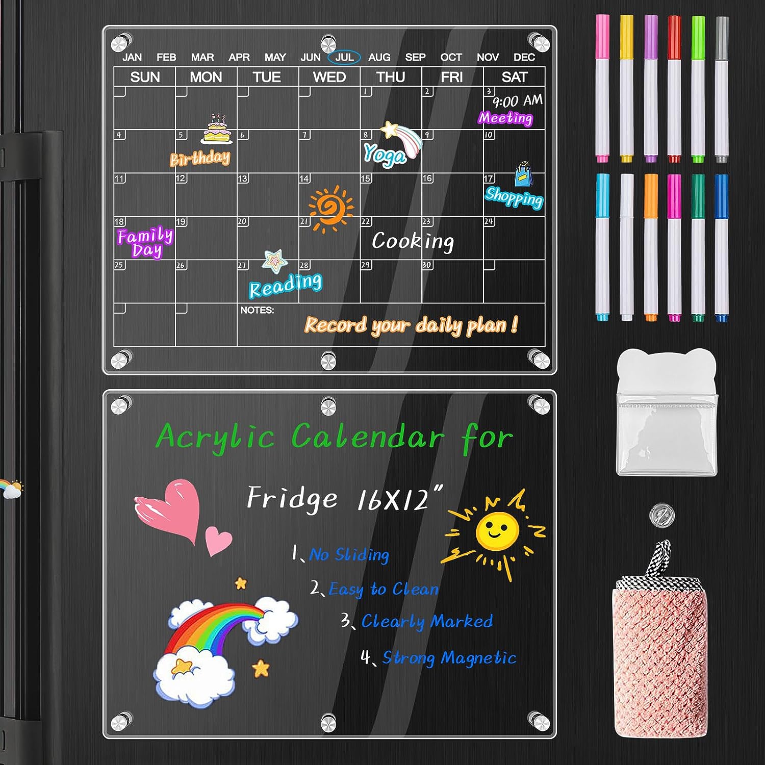  Acrylic Dry Erase Board Calendar For Wall (24”x18“) Clear  Acrylic Wall Calendar White Board With 2 Color Markers, Dry Eraser &  Magnetic Sticky Notes For Home & Office - Easy to