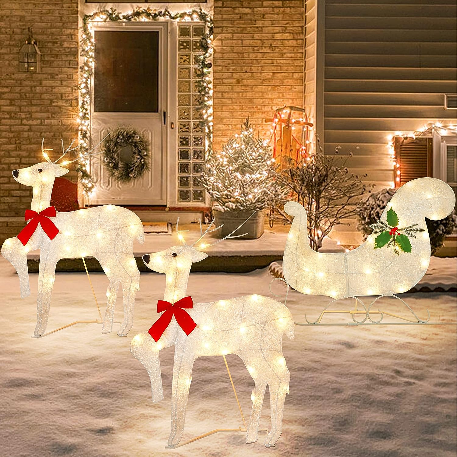 CC Christmas Decor 3-Piece Light Deer Family Christmas Sleigh Outdoor Yard Decoration 52.25