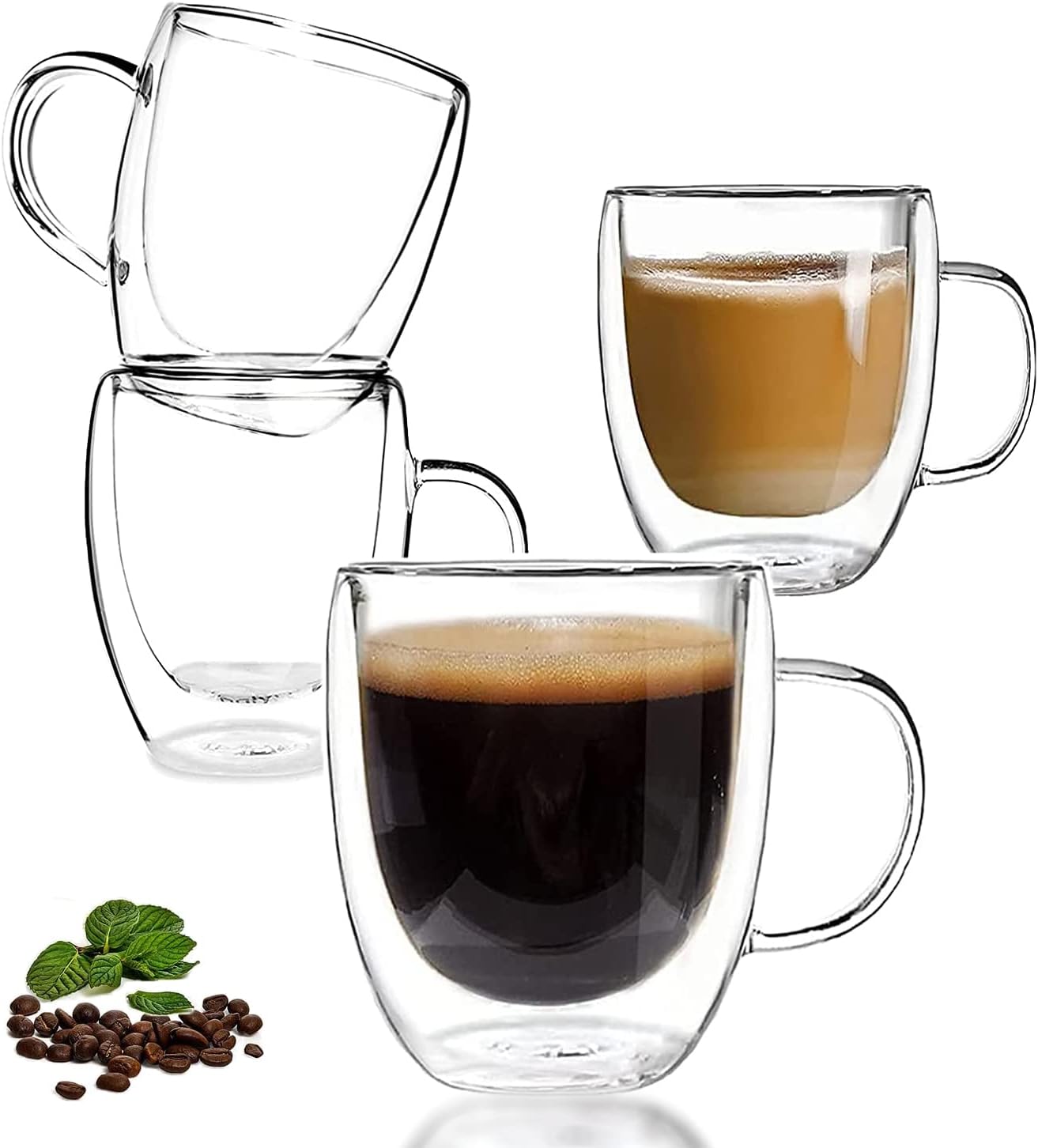 Bivvclaz 2-Pack 16 oz Double Wall Glass Coffee Mugs, Large