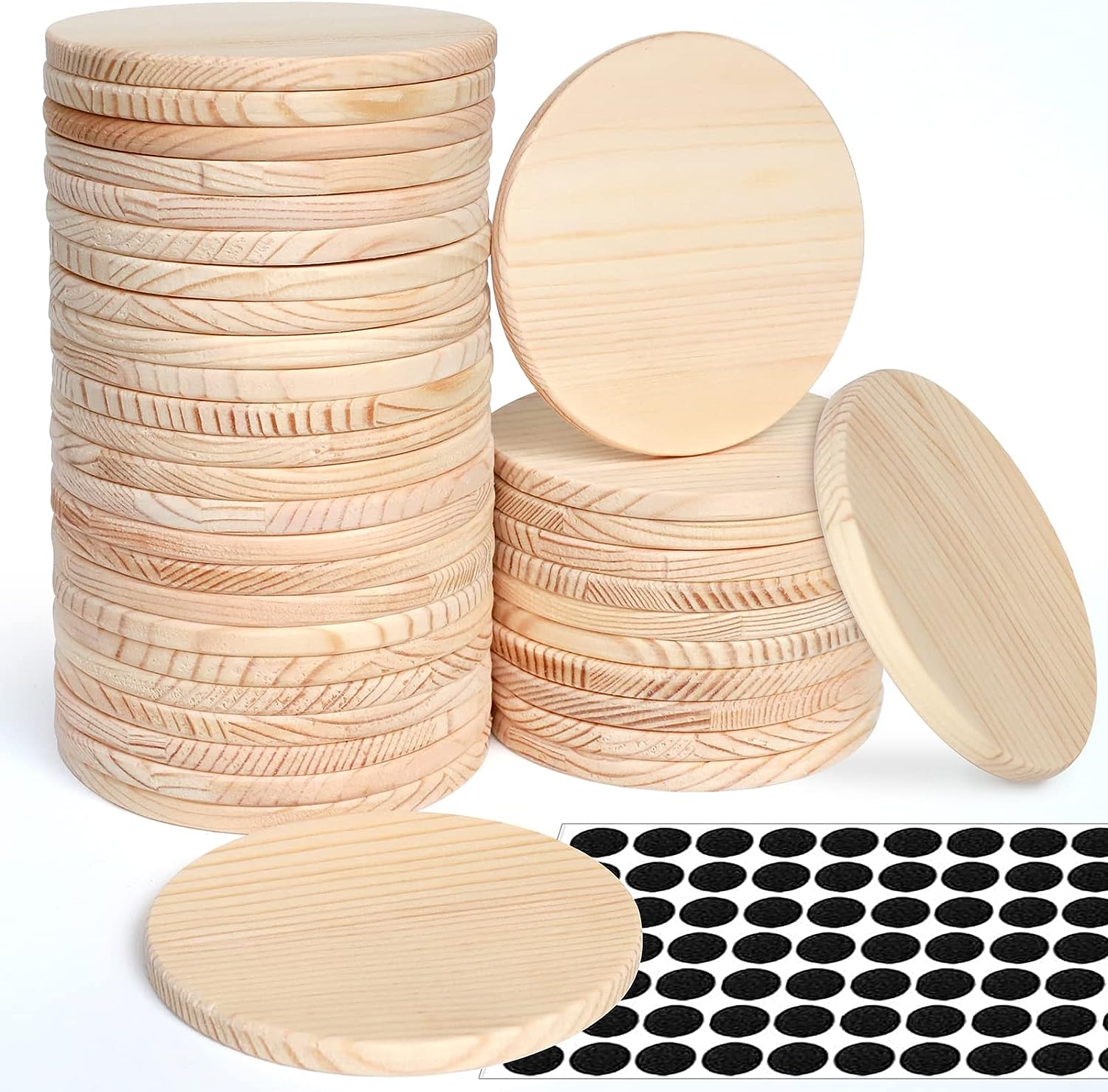 36Pcs Unfinished Wood Coasters-4 Unfinished Natural Wood Slices for Crafts  Round with Non-Slip for Wedding Decoration/Blank Coasters Wood Kit DIY