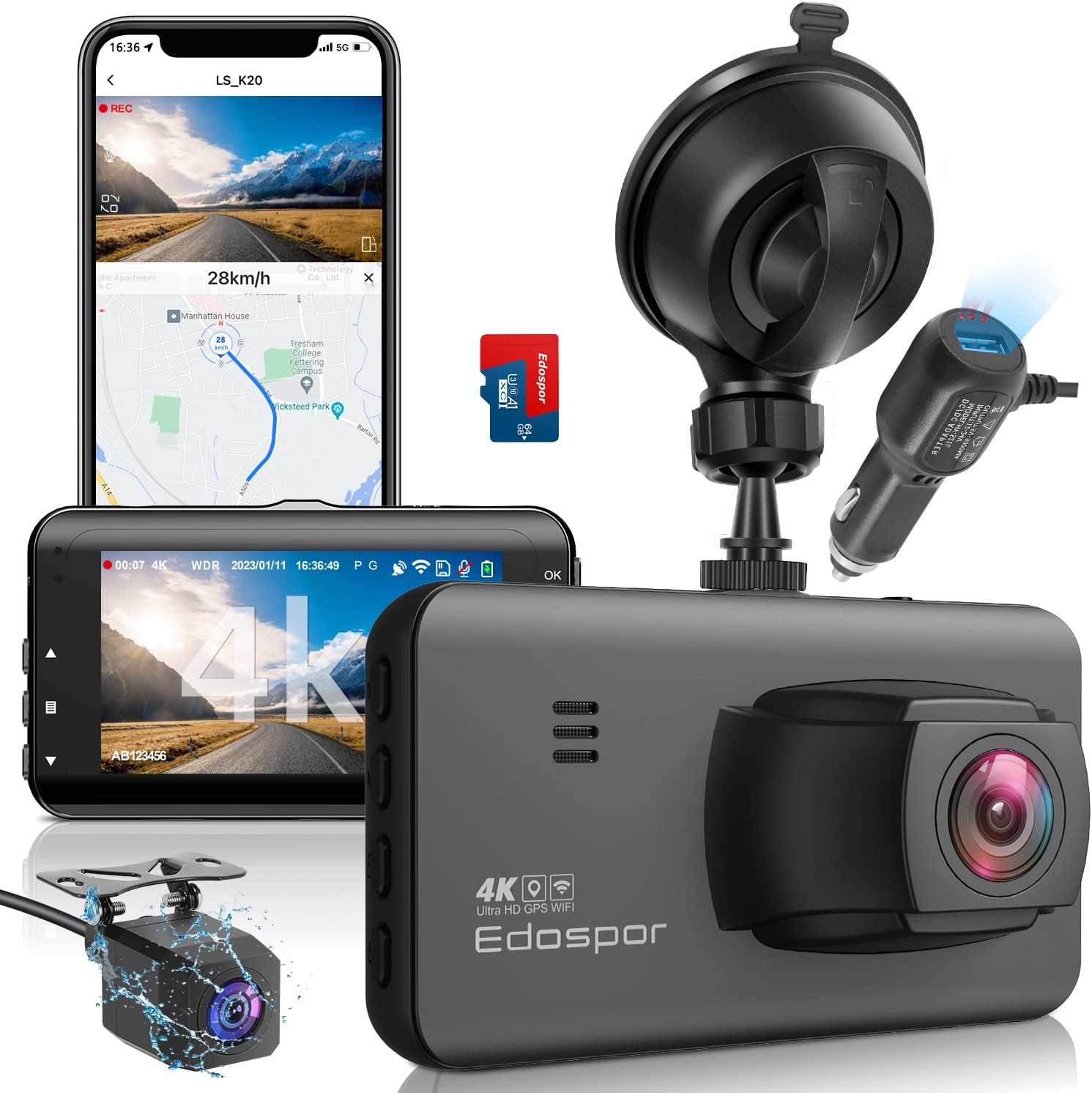 COOAU 3 Channel Dash Cam WiFi, 2.5K+1080P+1080P Front and Rear