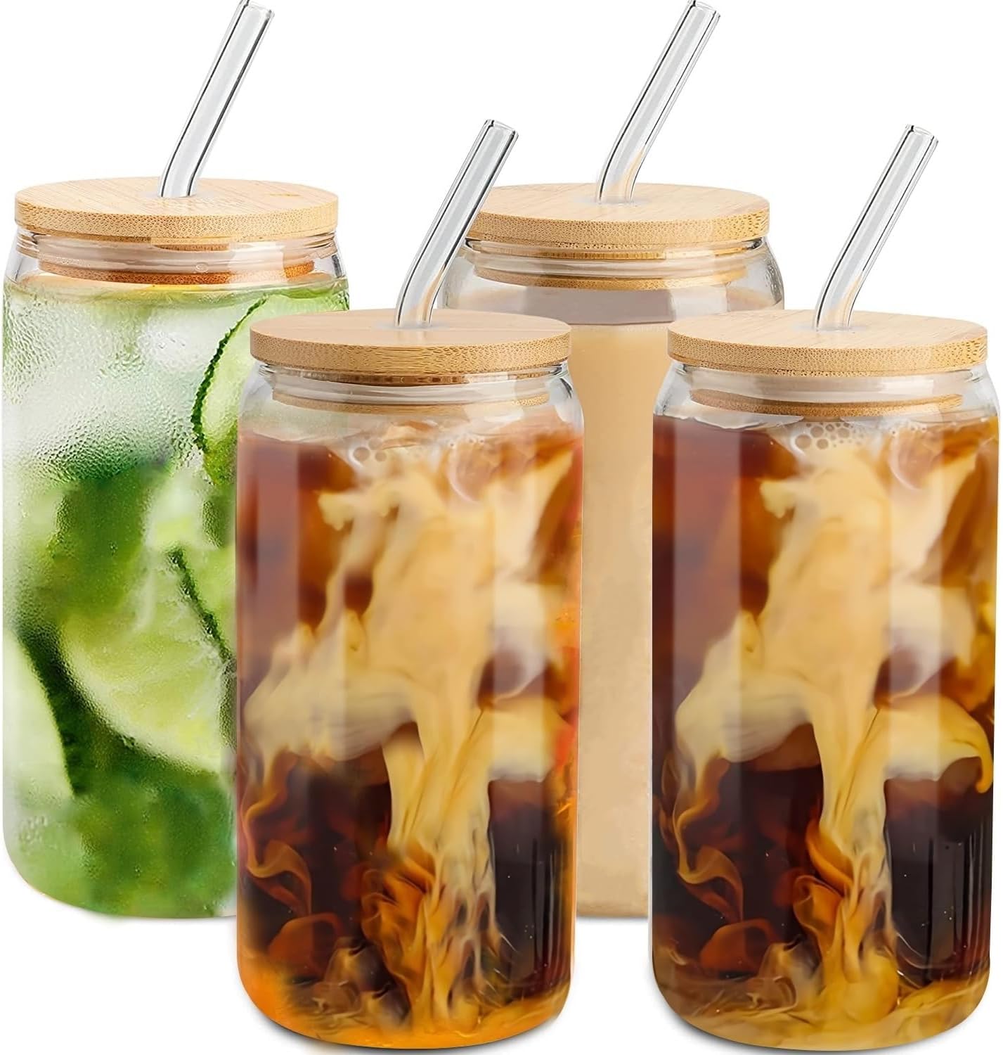 sungwoo Glass Cups with Bamboo Lids and Straws, 16OZ Ice Coffee Cup,  Drinking Cup set with Wooden Lids, Home Essential Glass Tumblers for Beer,  Cocktail, Tea and Latte Clear 6 Pack 