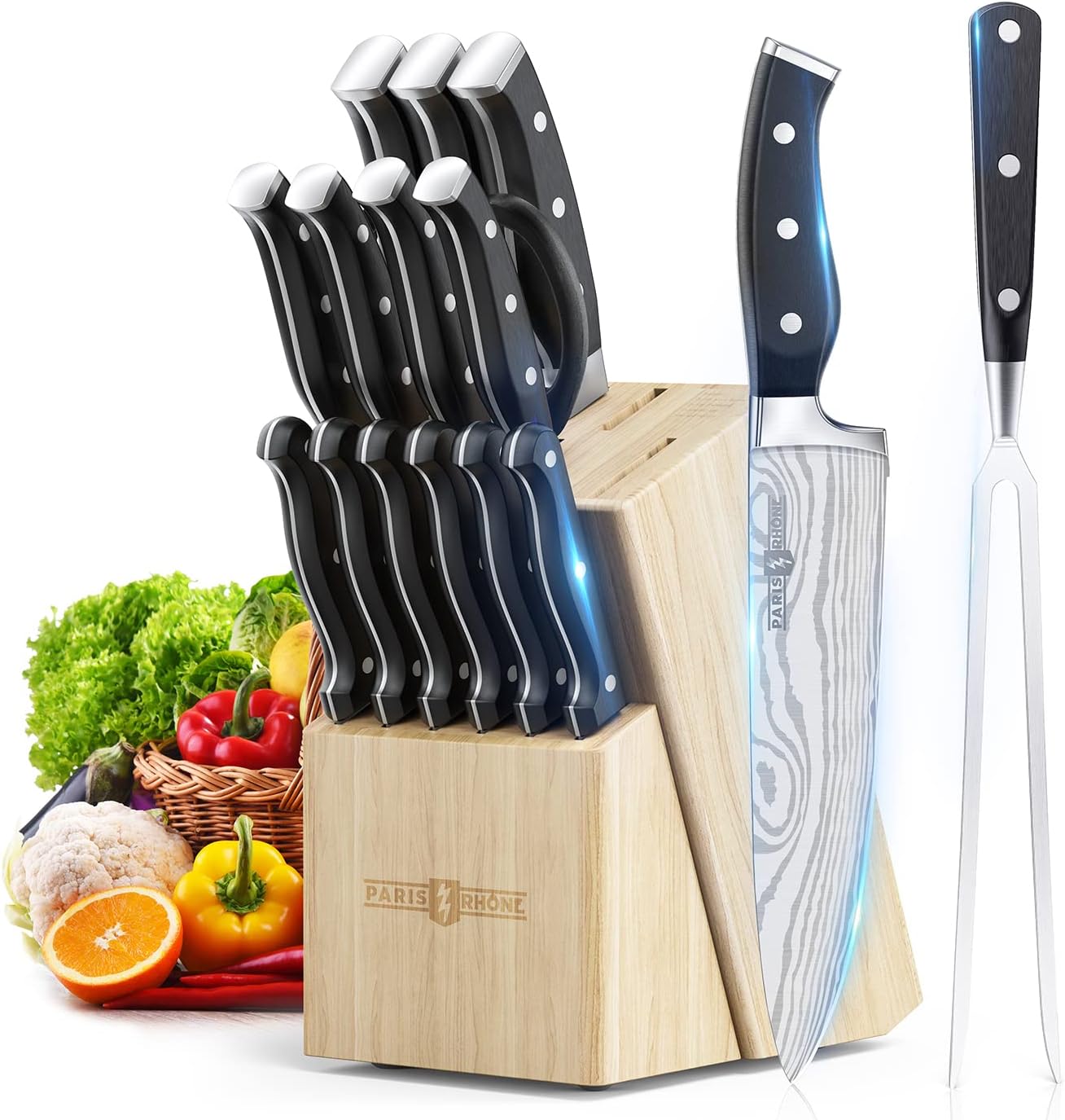 KEEMAKE 15PCS Kitchen Knife Set with Block, Razor Sharp Chef Knives and  Shears