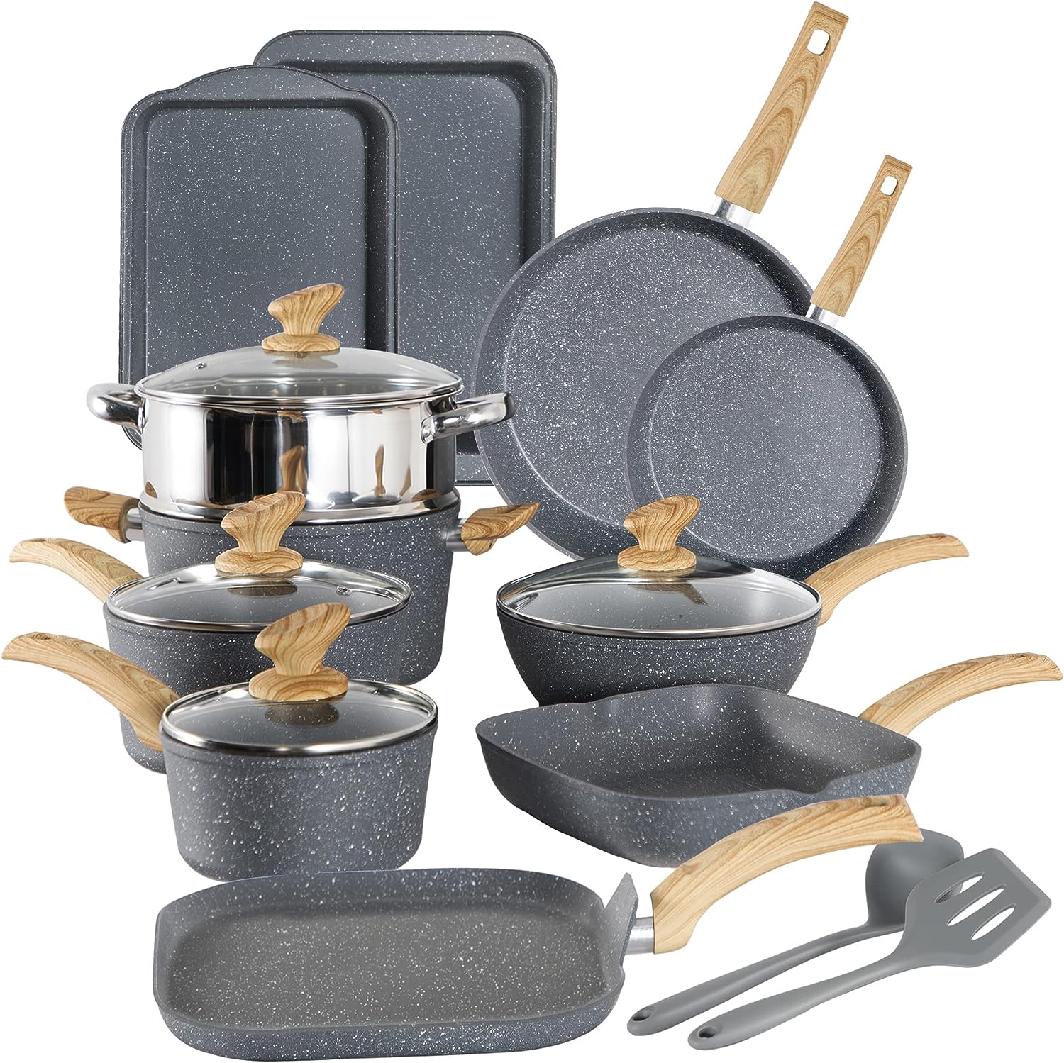 Bakken-Swiss 14-Piece Kitchen Cookware Set Granite Non-Stick Eco-Friendly for All Stoves & Oven-Safe