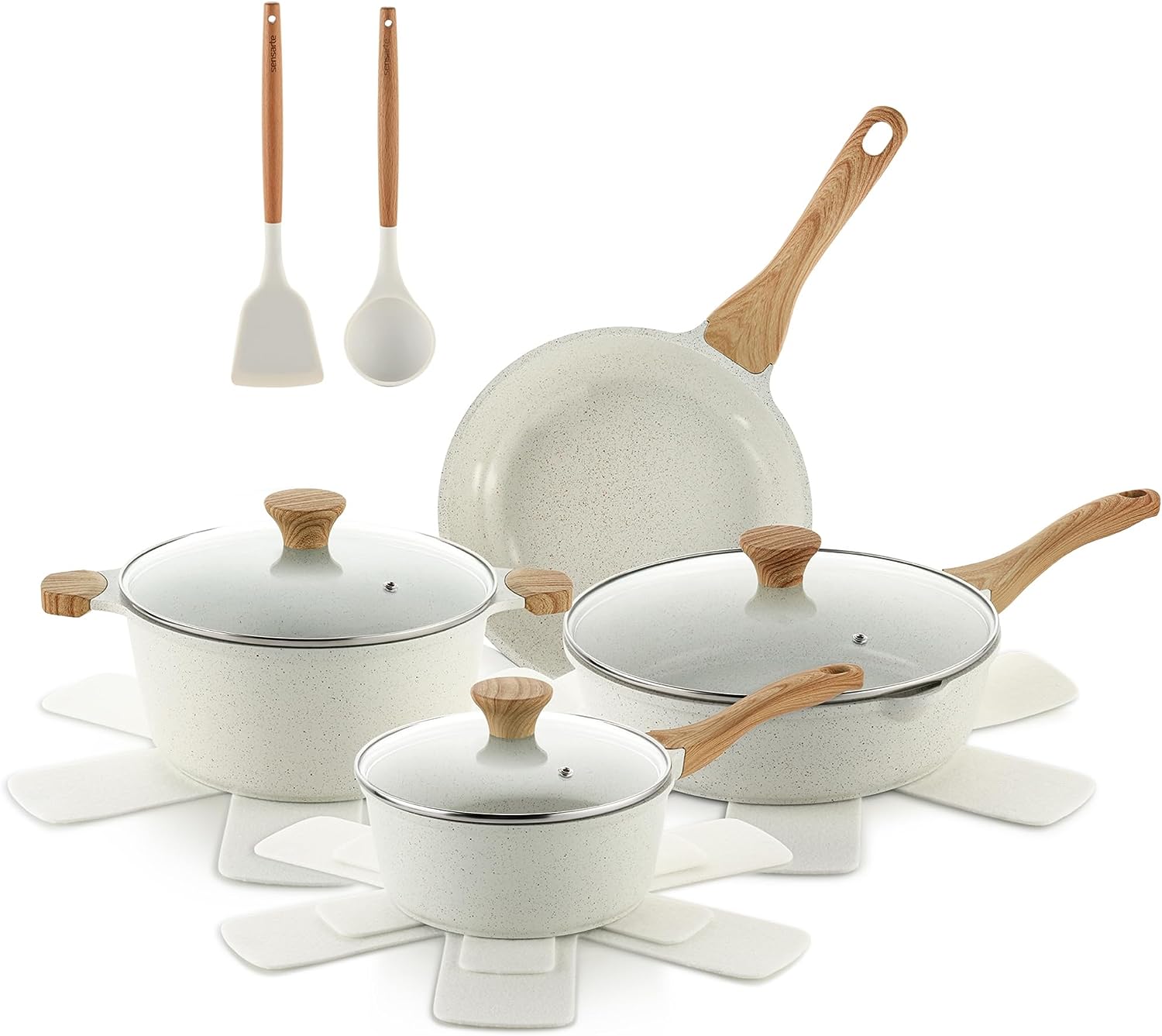 SENSARTE Ceramic Nonstick Pots and Pans Set, 17 Pieces Healthy Nonstick Cookware Set with Pots Protectors, Induction Kitchen Cookware Sets White, PFAS