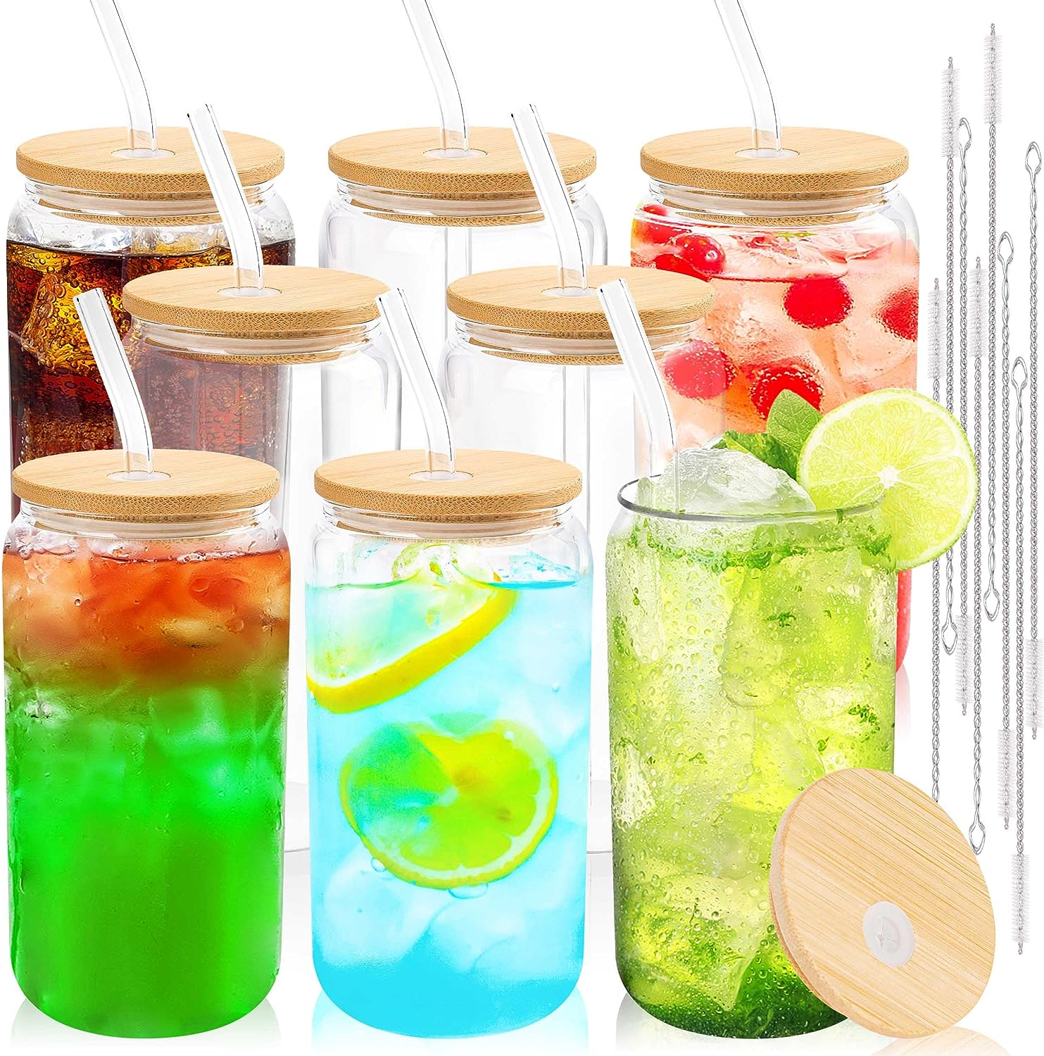 16 oz Beer Glasses Lids with Straw Hole Drinking Glass Cups Anticorrosion  Beer Can Cups Lids Bamboo Lids with Brush for 16 oz Canned Beer Glasses Jar