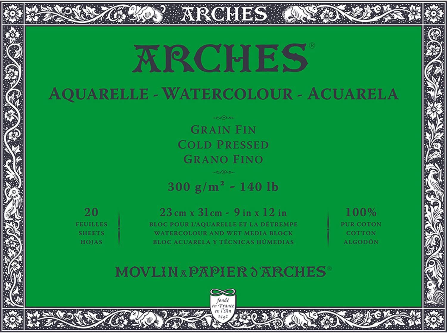 Arches Watercolor Block 12x16-inch Natural White 100% Cotton Paper - 20  Sheets of Arches Watercolor Paper 140 lb Cold Press - Arches Art Paper for