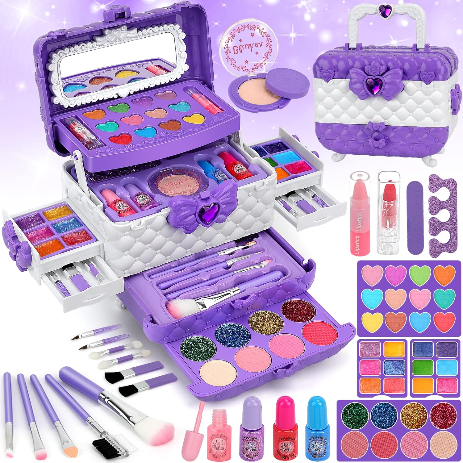 Qudai Kit de maquiagem para meninas Real Kids Make Up Set Cosmetics Play  Set Cofre lavável com bolsa de transporte para meninas Jogo de festa Natal