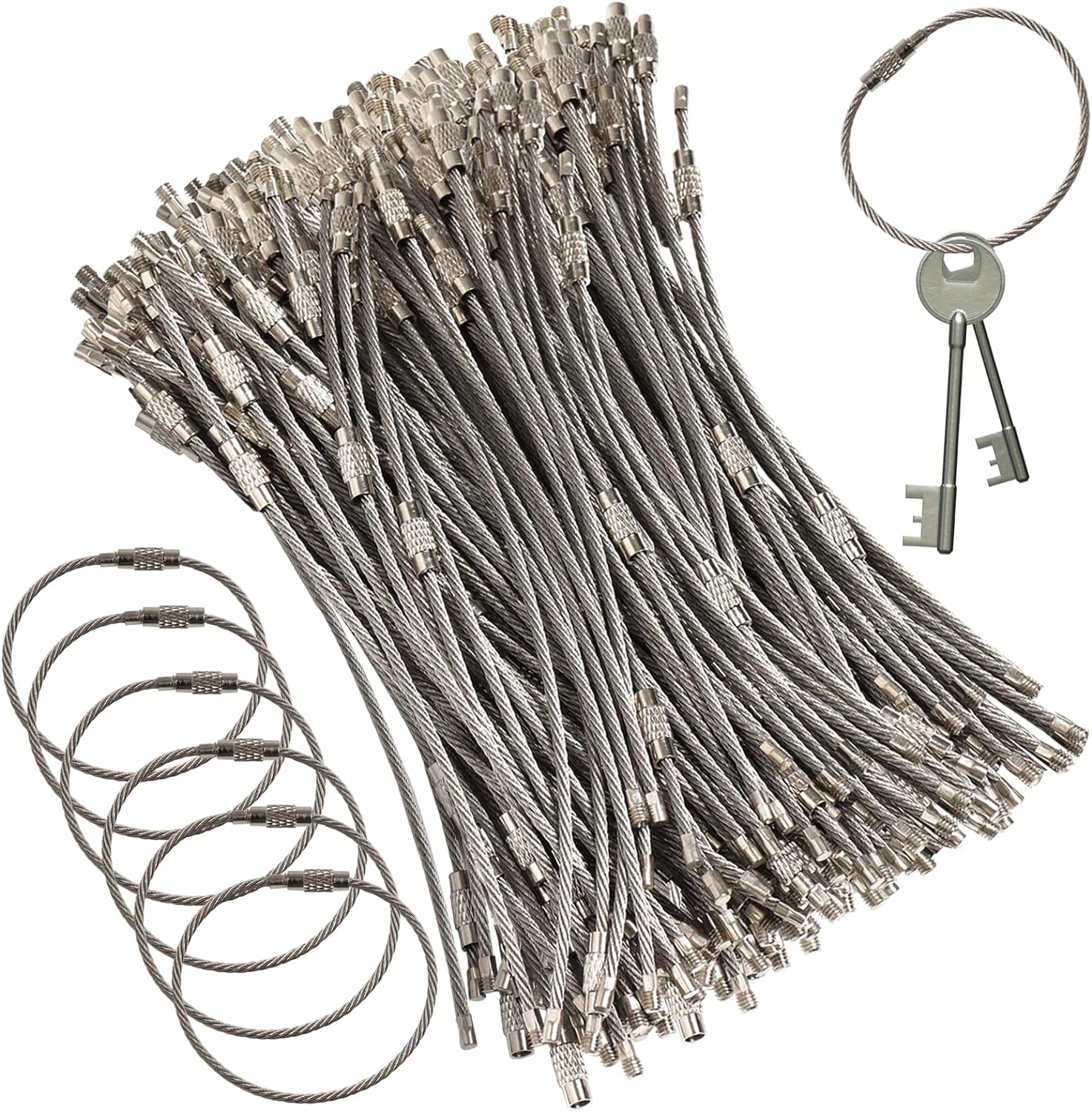 Pack (100) Stainless Steel Wire Keychains Cable, Key Rings, Heavy