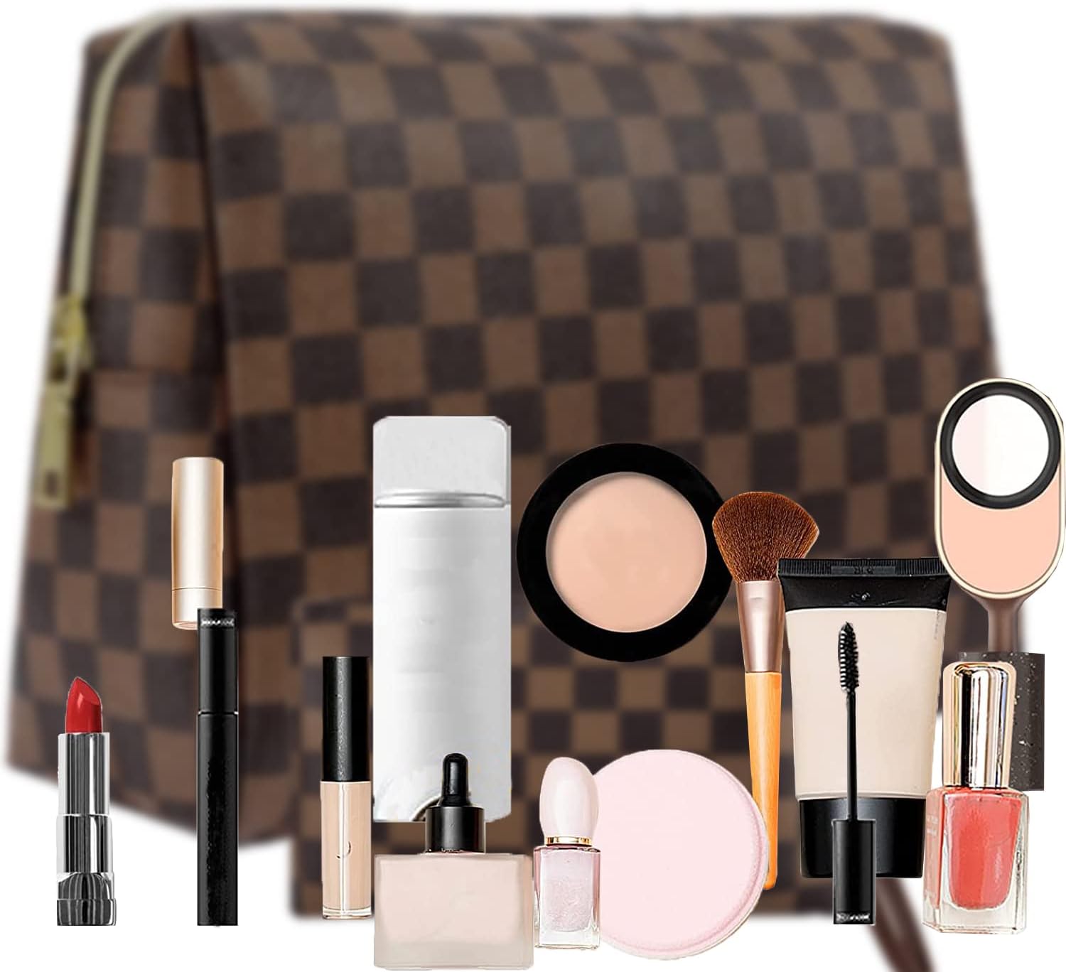  SOIDRAM Makeup Bag Checkered Cosmetic Bag Brown