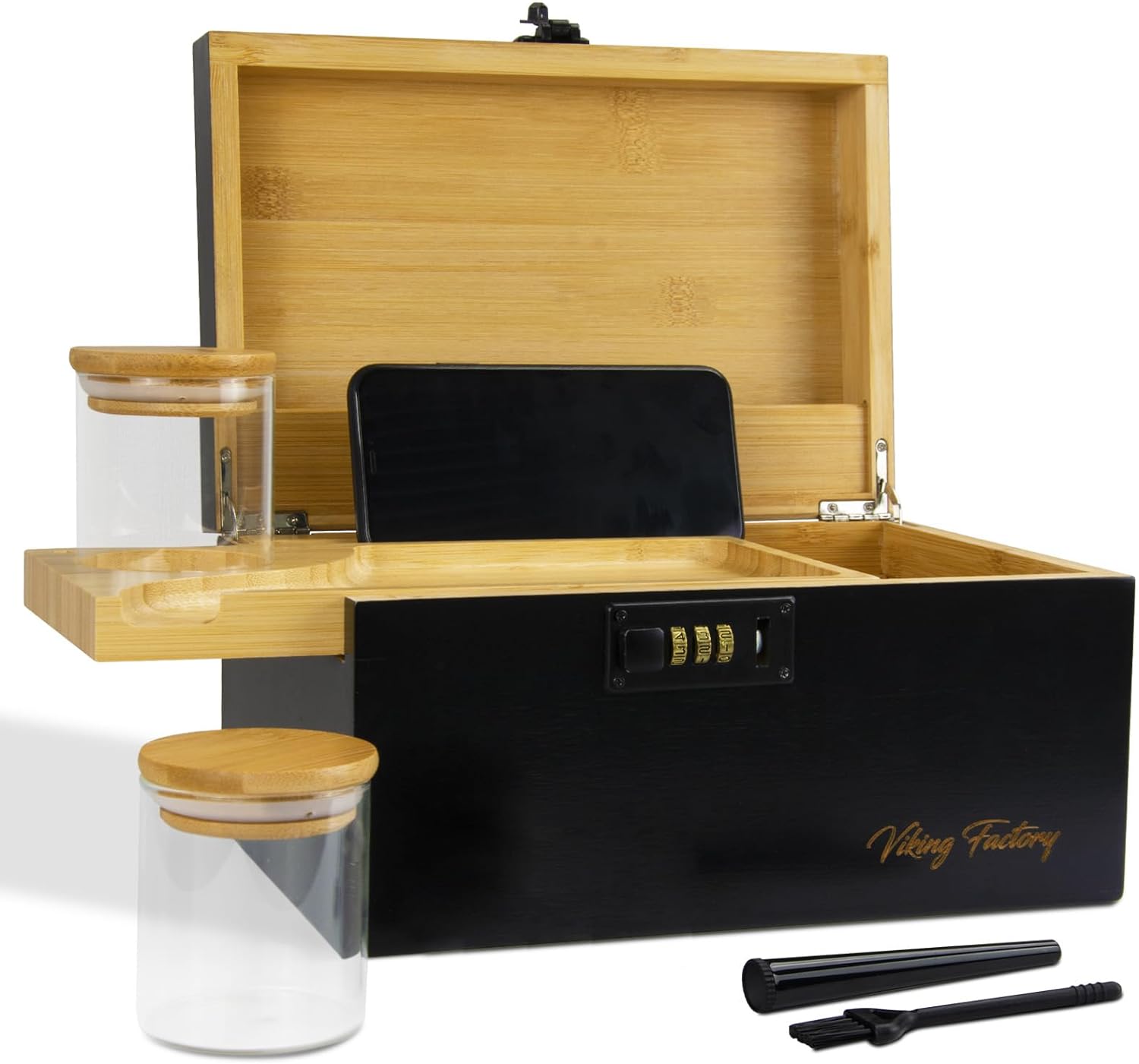 Viking Factory Small Box with Bamboo Tray Portable Storage Box with Sealing  Jar and Retractable Strap