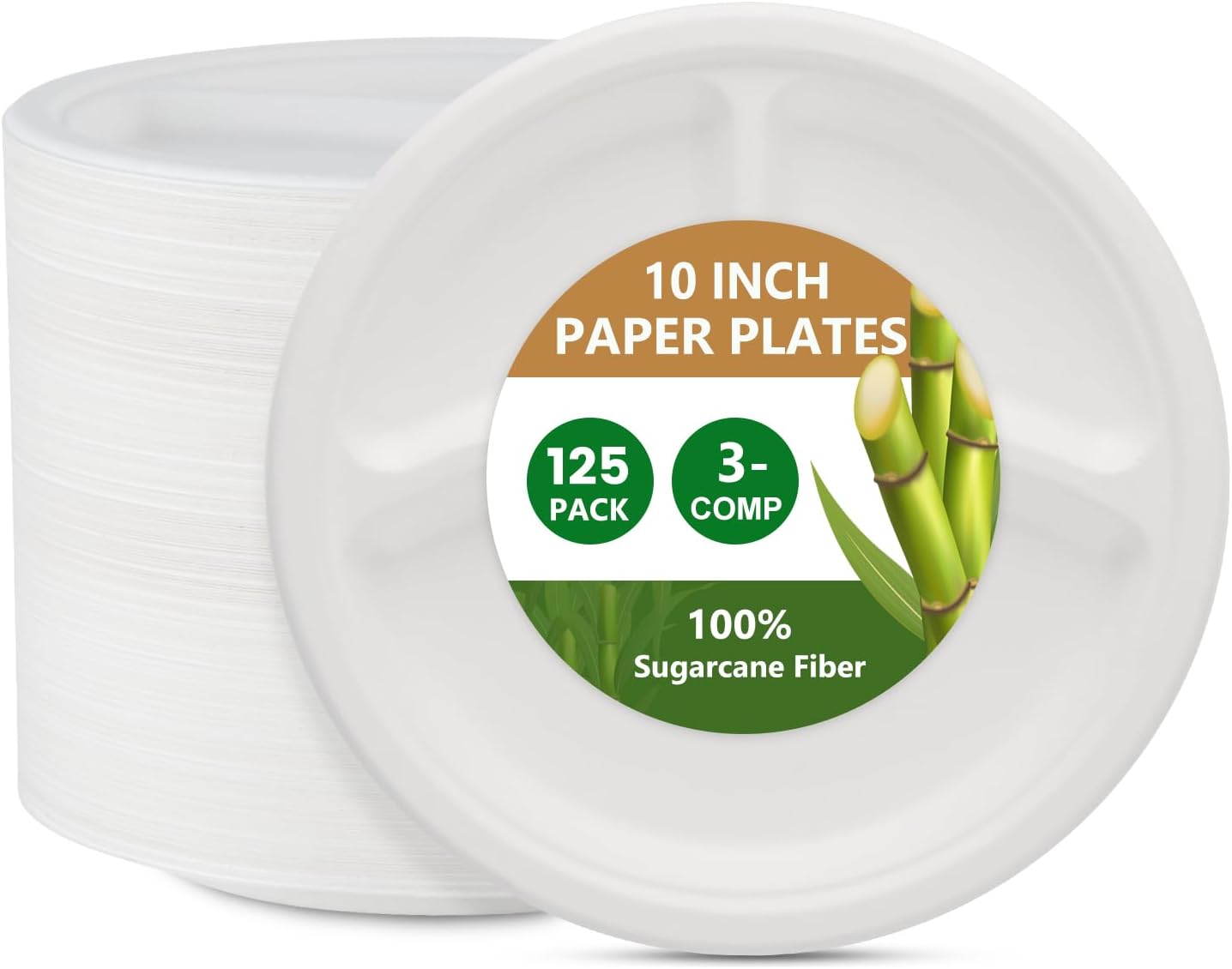 Pack of 120 Compostable Paper Plates 25.4 cm, Disposable Plates Durable  Natural Bagasse Plates, Party Plates